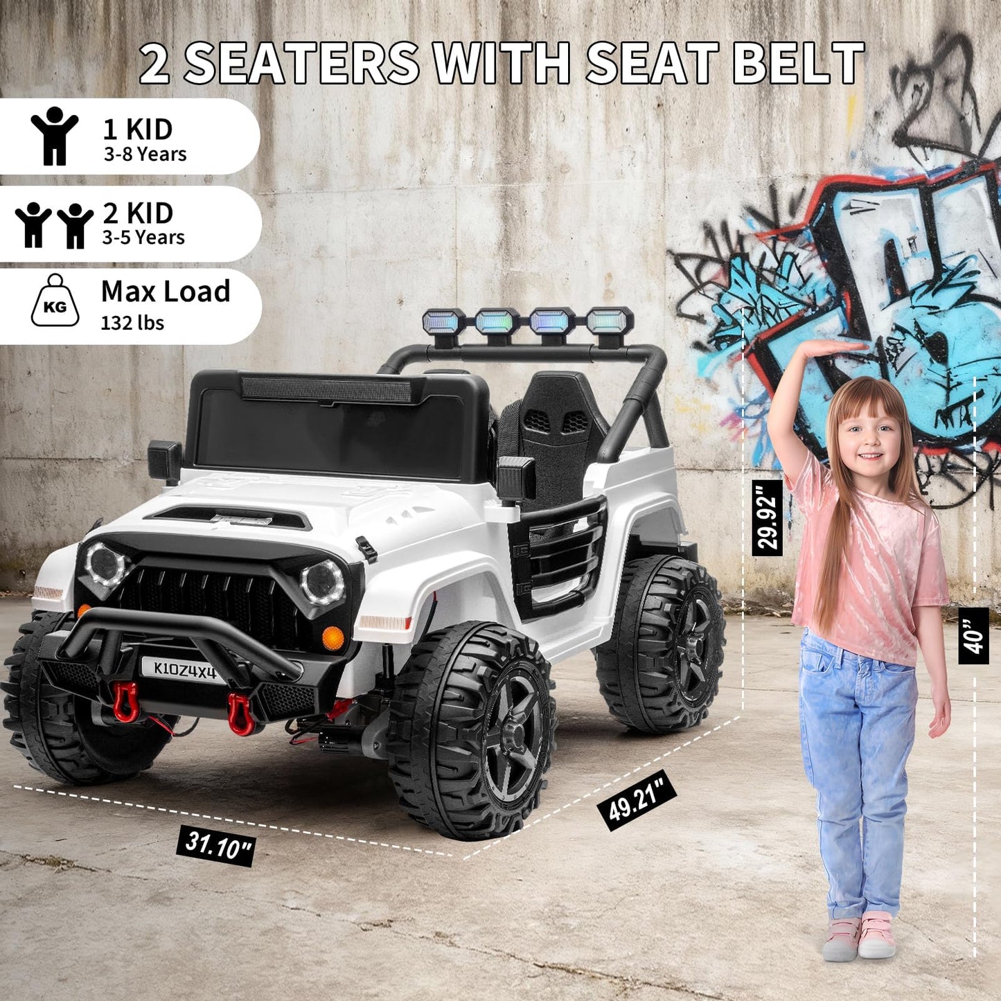 Garvee 24V 2-Seater Electric Ride On Truck for Big Kids – Parental Remote Control – 4-Wheel Suspension – 3 Speeds – LED Lights – Wireless Audio & MP3 Player – Standard Test Method/CPSIA Certified – White