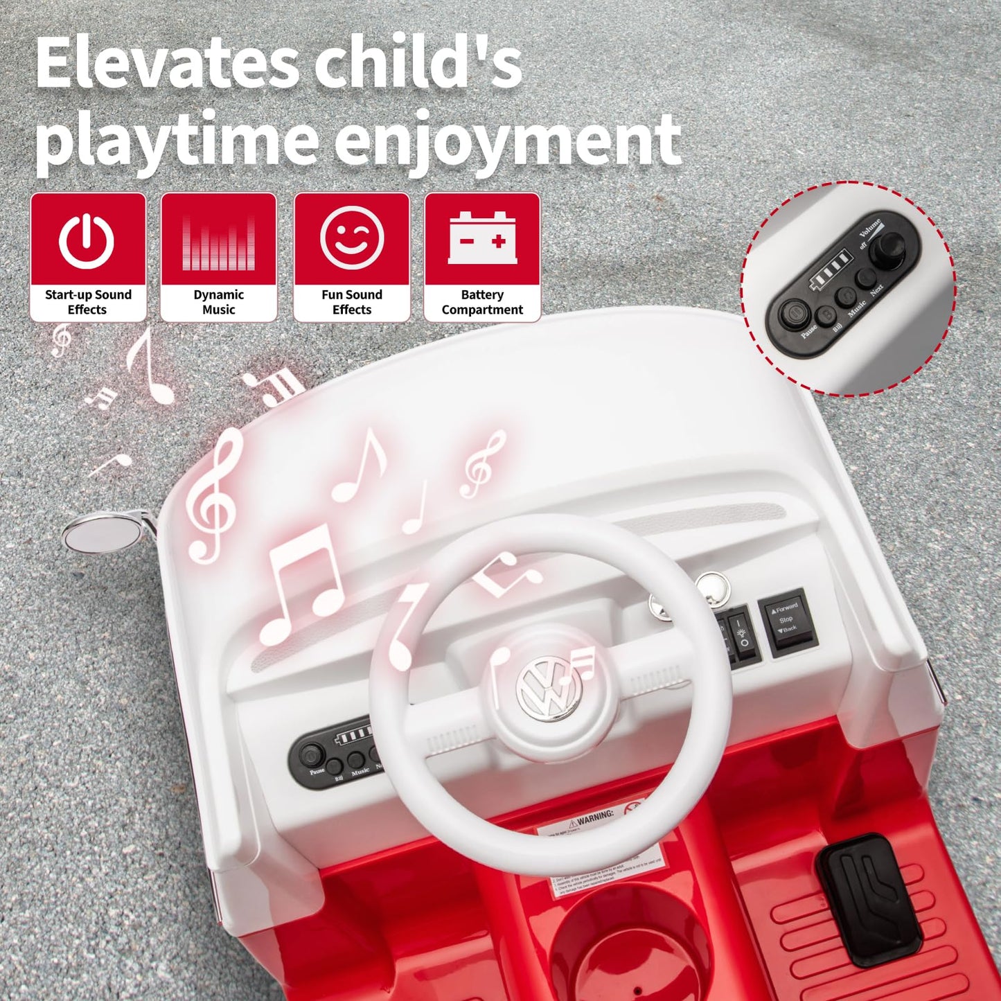 Garvee Volkswagen Licensed Electric Ride-On Bus for Kids - 6V Battery, LED Headlights, Music, Horn, Cup Holder, Pedal Control, 2-Speed, Gentle Start, Eco-Friendly - Red