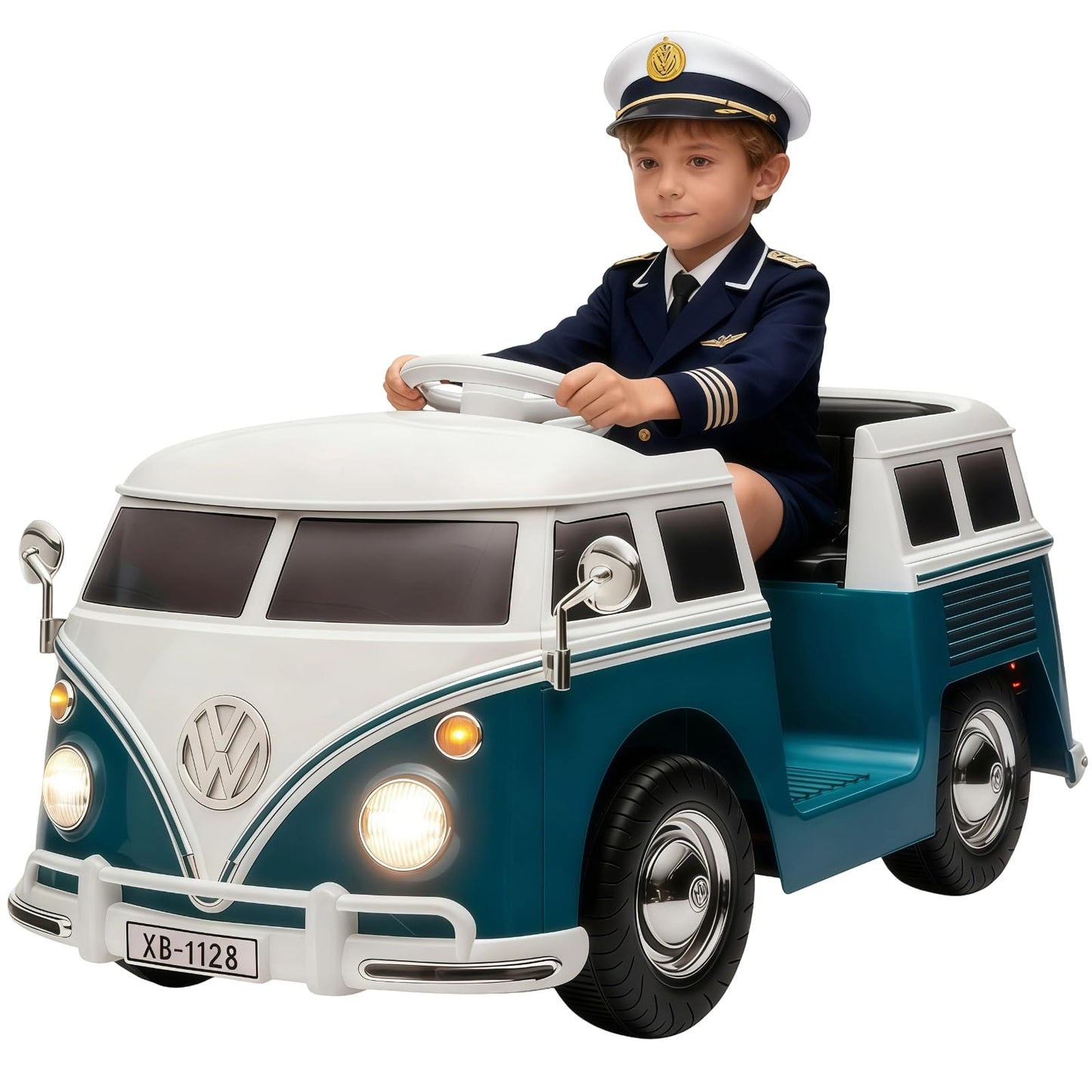 Garvee Volkswagen Licensed Electric Ride-On Bus for Kids - 6V Battery, LED Headlights, Music, Horn, Gentle Start, Cup Holder, Eco-Friendly Design - Perfect Gift - Deep Blue