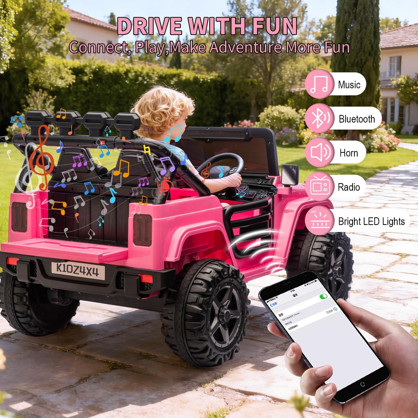 Garvee 24V Electric Ride On Truck for Kids – 2-Seater 4x4 Car – Remote Control – 3 Speeds – LED Lights – Wireless Audio Music Player – Gradual Start & Suspension – Pink