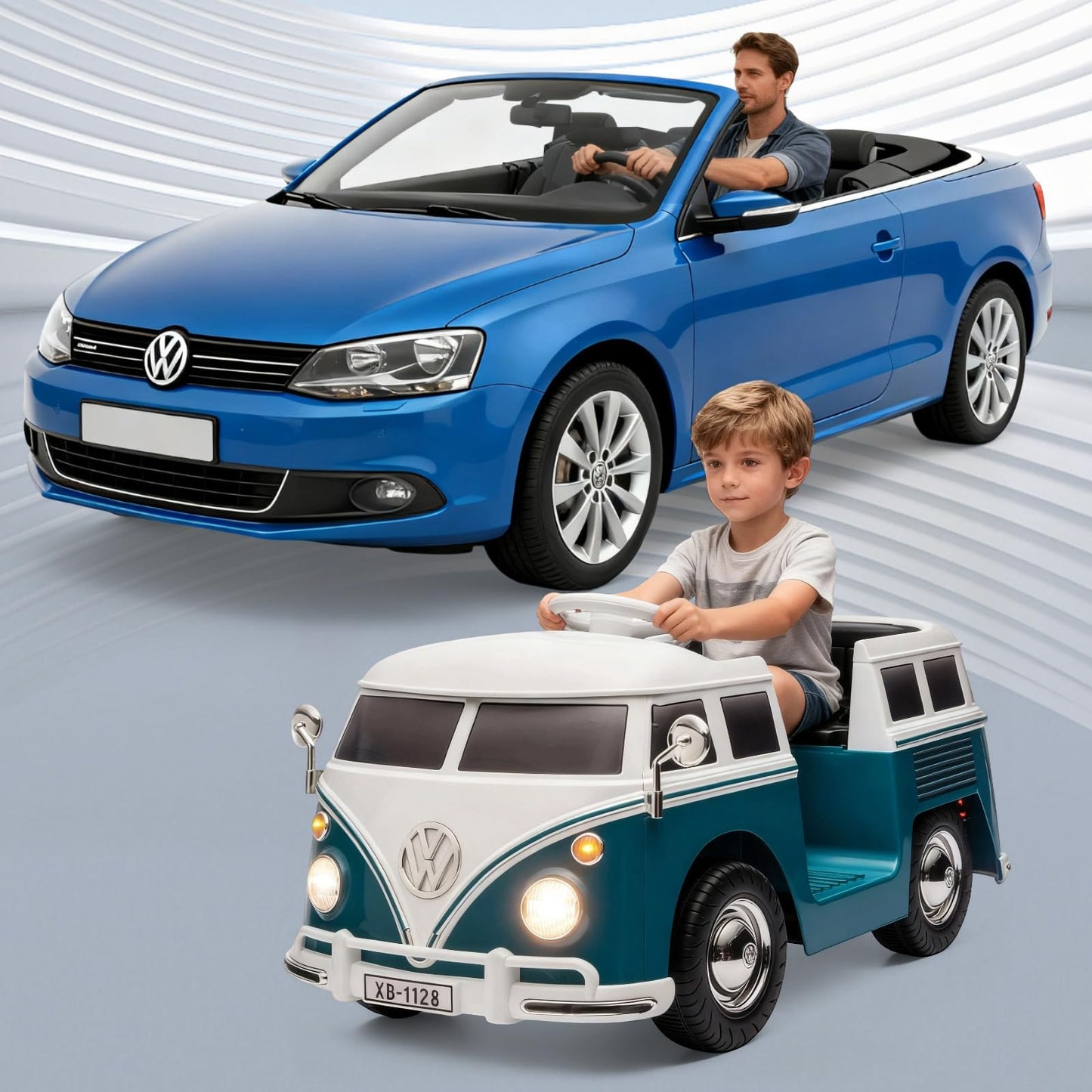 Garvee Volkswagen Licensed Electric Ride-On Bus for Kids - 6V Battery, LED Headlights, Music, Horn, Gentle Start, Cup Holder, Eco-Friendly Design - Perfect Gift - Deep Blue