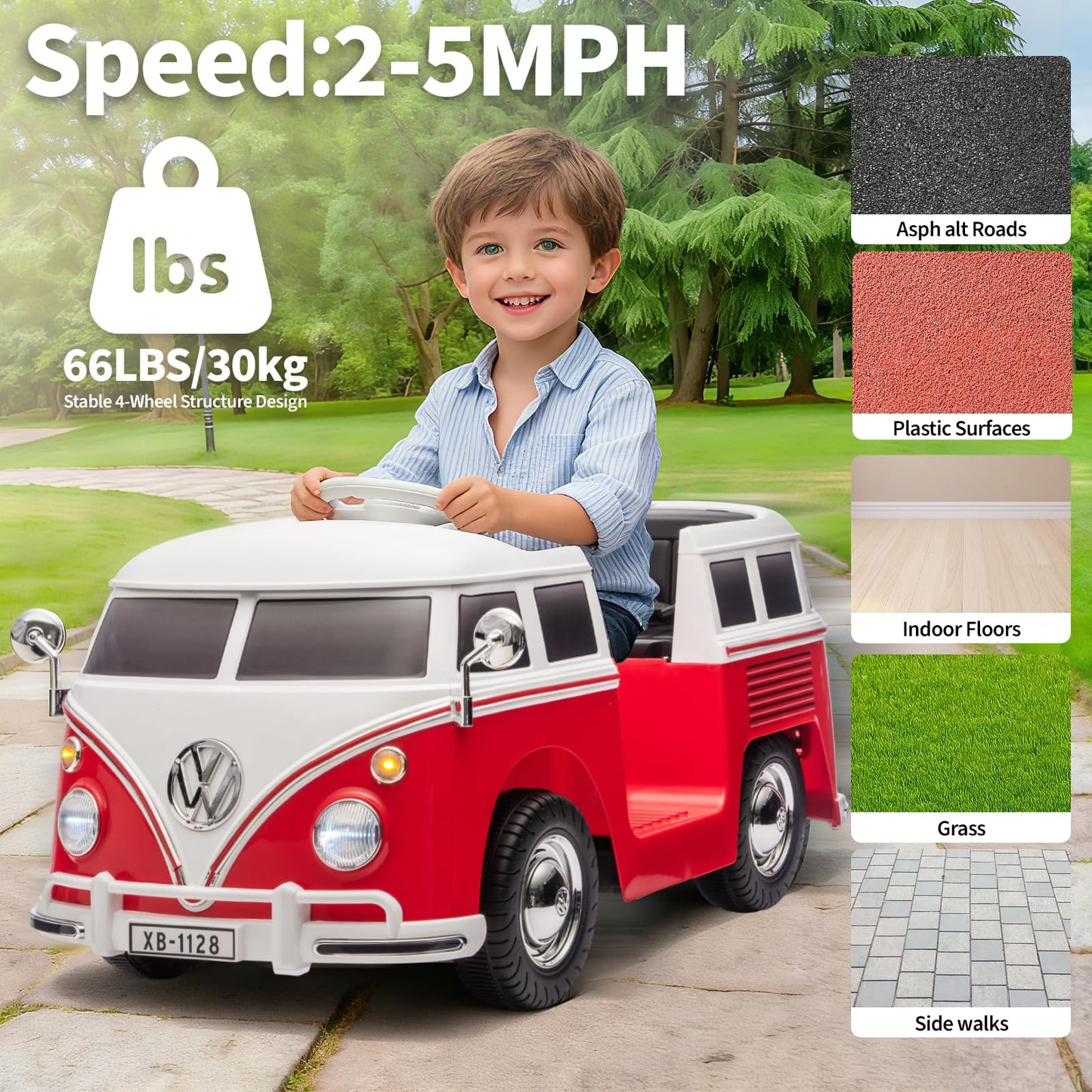 Garvee Volkswagen Licensed Electric Ride-On Bus for Kids - 6V Battery, LED Headlights, Music, Horn, Cup Holder, Pedal Control, 2-Speed, Gentle Start, Eco-Friendly - Red