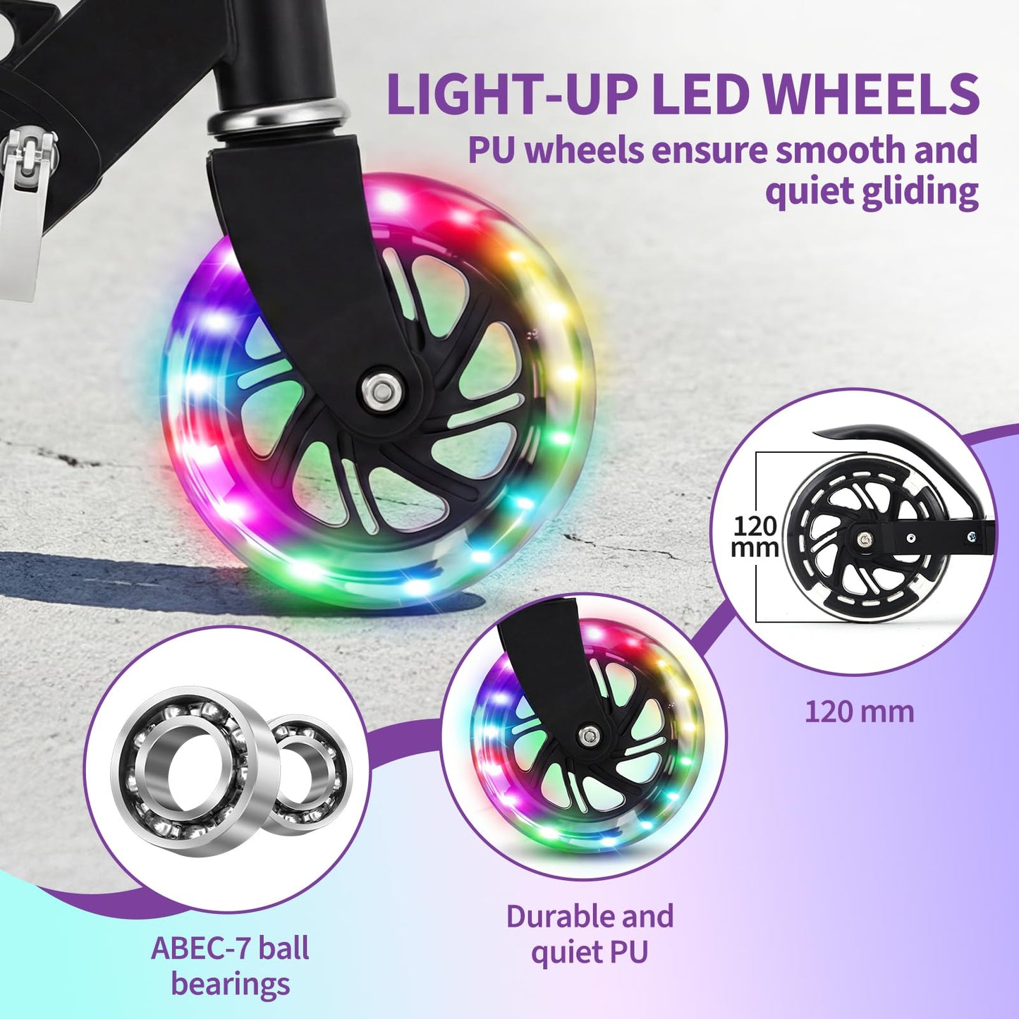 Garvee Kick Scooter for Kids with LED RGB Lighted Wheels, Lightweight 4.6 LBS, Adjustable Handlebars, Anti-Slip Deck, Detachable Design, Ages 3+