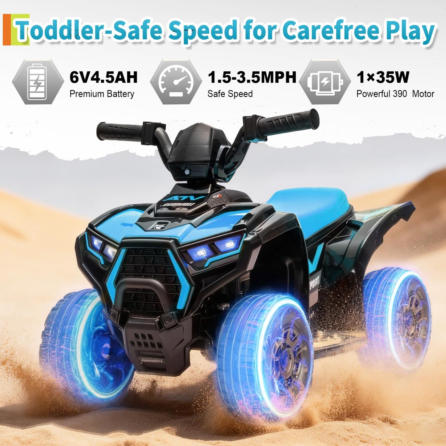 Garvee 6V Battery Powered Kids ATV Car with Lights, Music, 3.5mph Speed, Durable All-Terrain Tires, Safe Ride for Toddlers Ages 3-6, Outdoor Fun