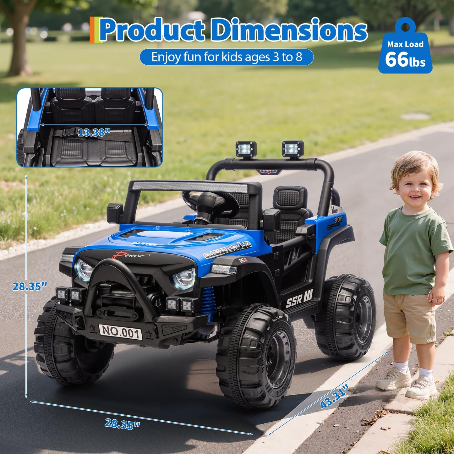 Garvee 12V Kids Electric Ride-On Car – Parent Remote Control, 3-Point Harness, Locking Doors, Spring Suspension, wireless Music, LED Lights, 3 Speeds up to 4.1MPH, Battery Powered Toy Vehicle for Toddlers Boys Girls – Blue