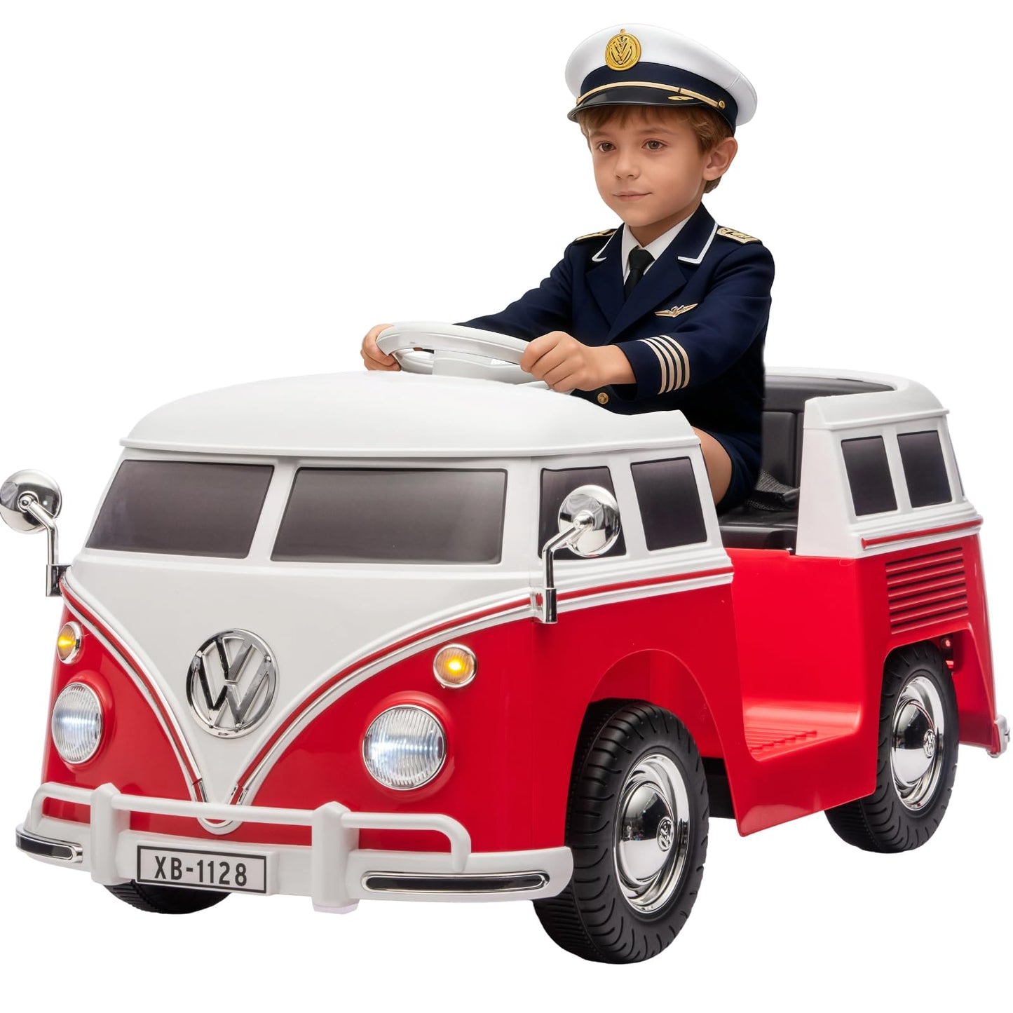 Garvee Volkswagen Licensed Electric Ride-On Bus for Kids - 6V Battery, LED Headlights, Music, Horn, Cup Holder, Pedal Control, 2-Speed, Gentle Start, Eco-Friendly - Red