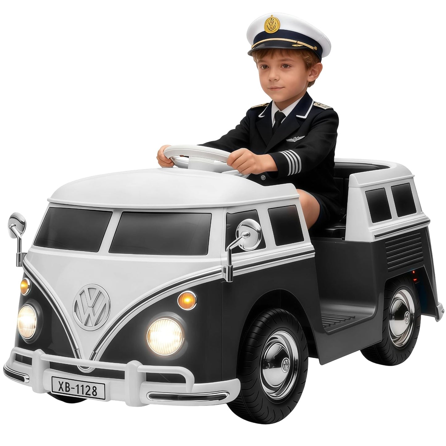Garvee Volkswagen Licensed Electric Ride-On Bus for Kids - 6V Battery, LED Headlights, Music, Horn, Pedal Control, Gentle Start, Safe & Fun Toy for Toddlers - Black