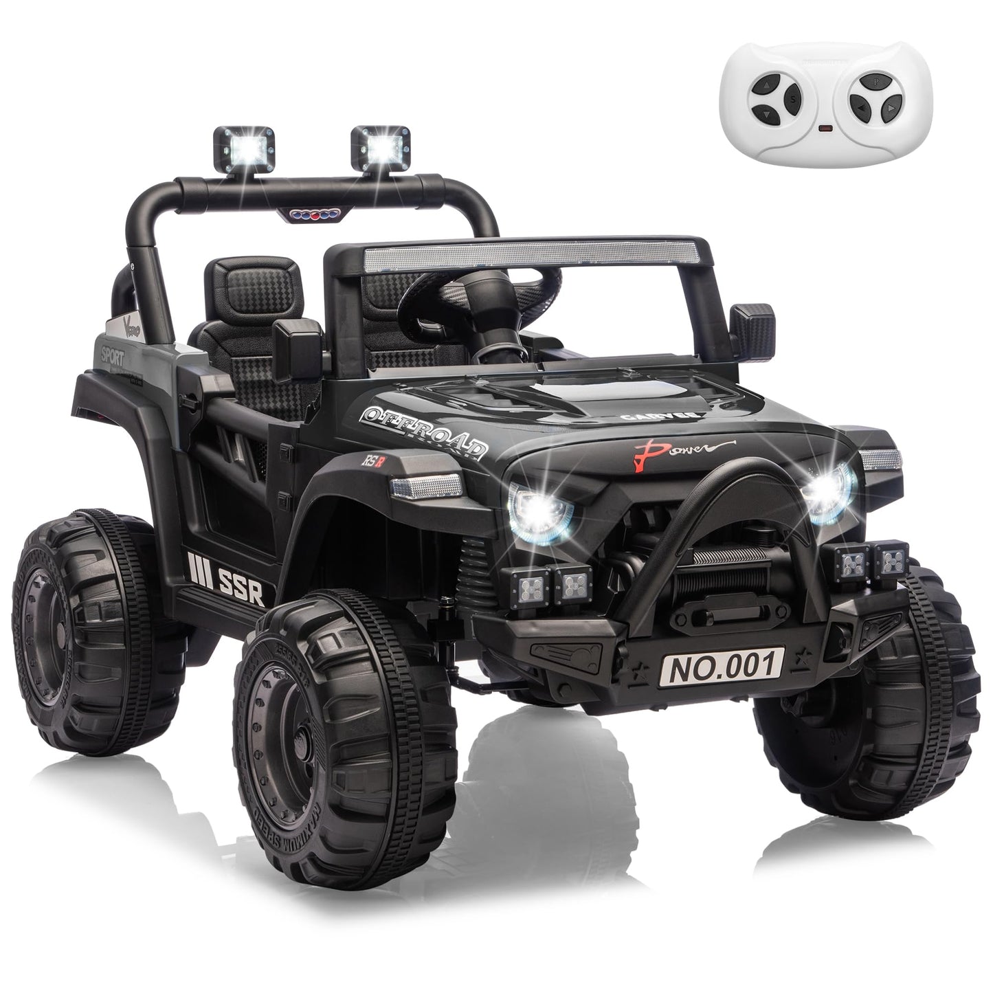 Garvee 12V Kids Ride-On Electric Truck – Parent Remote Control, 3 Speeds up to 4.1MPH, Spring Suspension, LED Lights, wireless Music, Safety Locking Doors, 3-Point Harness, All-Terrain Battery Powered Toy for Ages 3-5 – Black