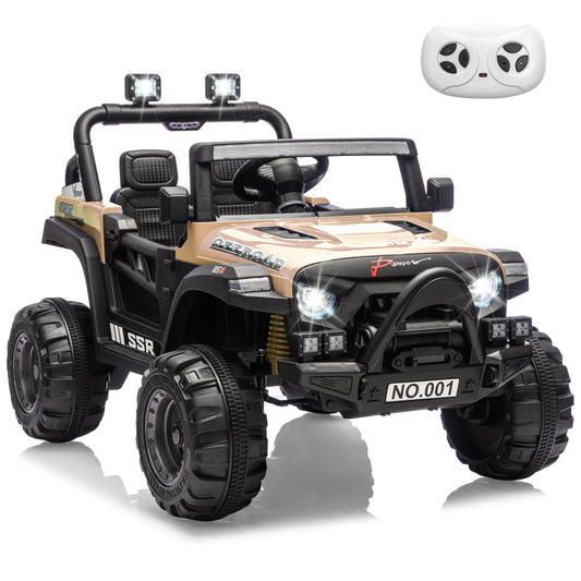 Garvee 12V Kids Electric Ride-On Car – Parent Remote Control, 3 Speeds up to 4.1MPH, Spring Suspension, Seat Harness, Locking Doors, LED Headlights, wireless Music, Battery Powered Truck Toy for Boys & Girls – Khaki