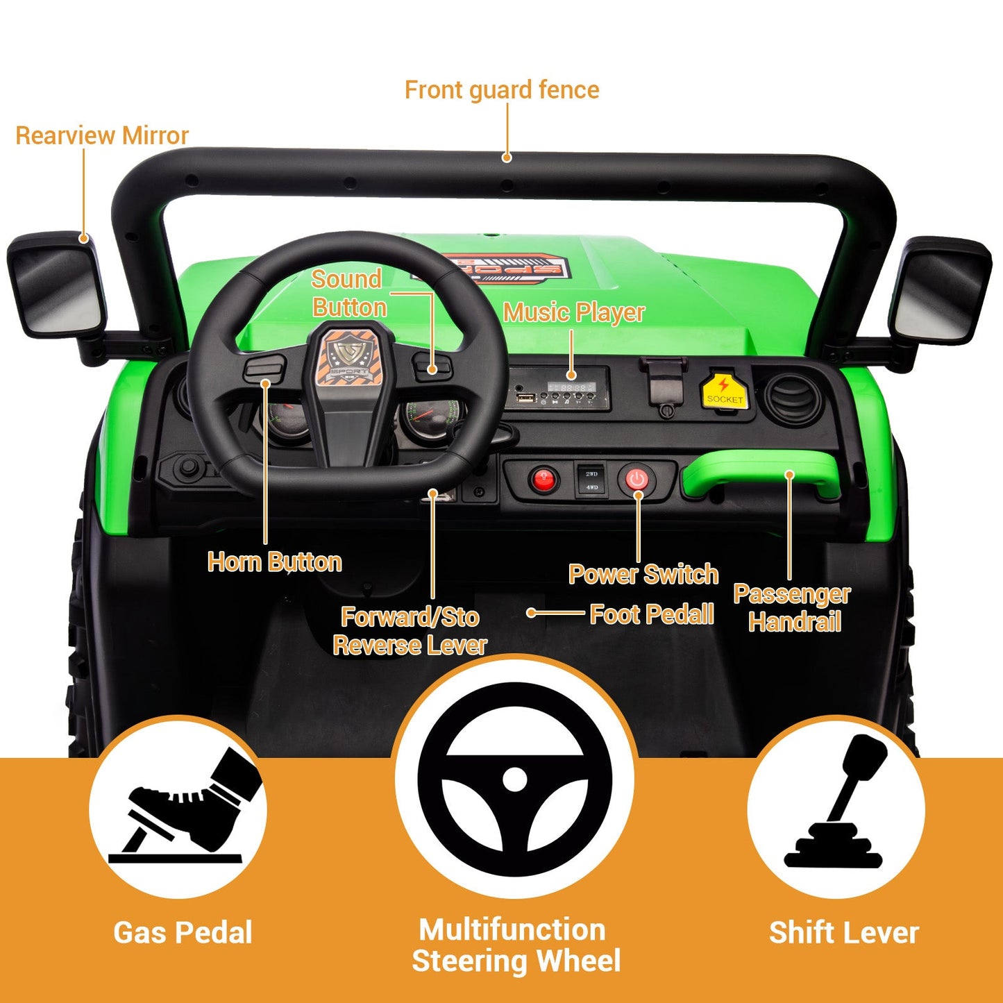 Garvee 24V 2-Seater 6-Wheel 4WD Kids Electric Dump Truck Ride-On UTV - Parental Remote, Wireless Audio Music, LED Lights, Electric Dump Bed, Shovel - Off-Road Toy for Big Kids - Green