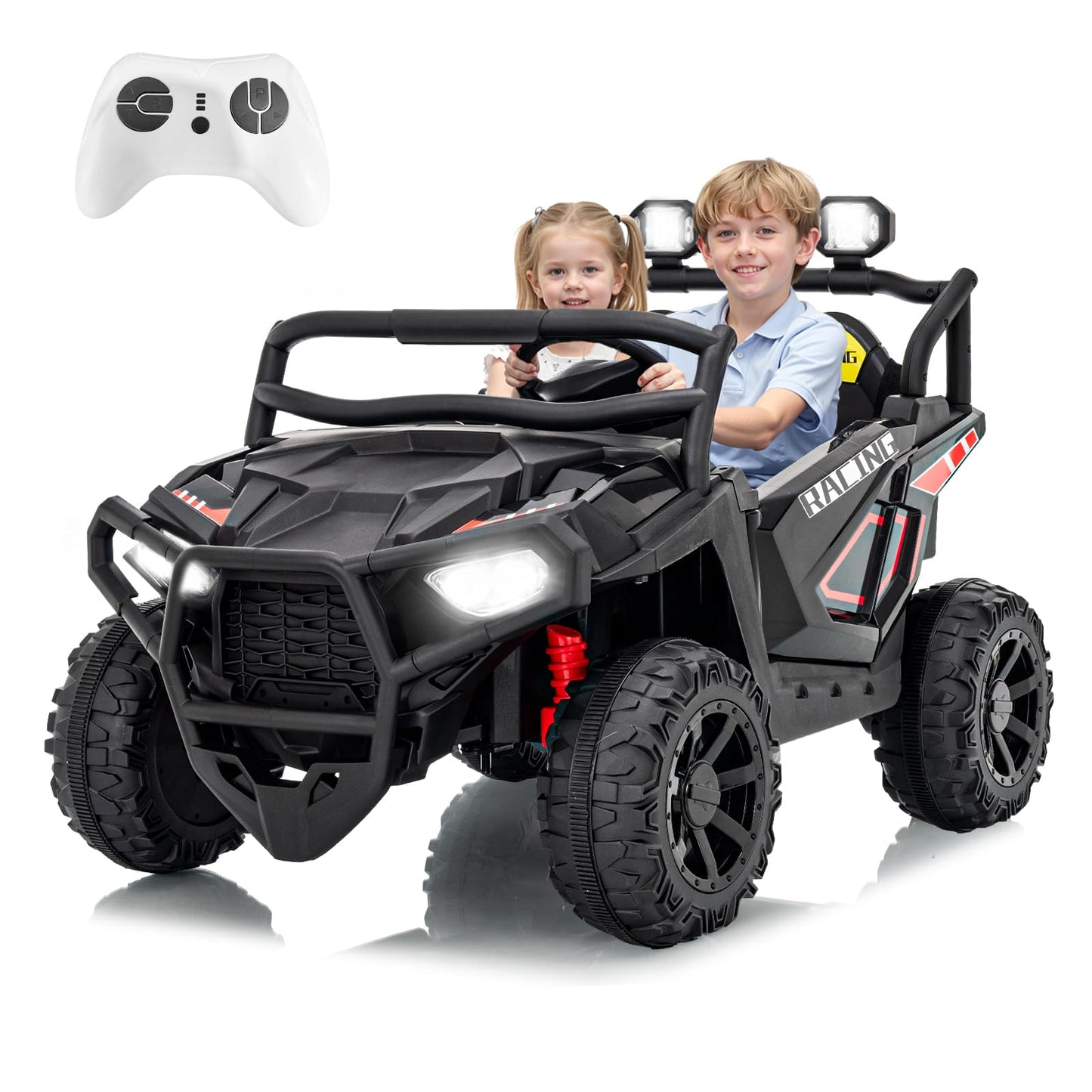 Garvee 24V 2-Seater Electric UTV Ride-On Truck for Kids Ages 2-8 – Battery Powered, Remote Control, 4-Wheel Suspension, Gradual Power-Up, 3 Speeds, LED Lights, Wireless – Black