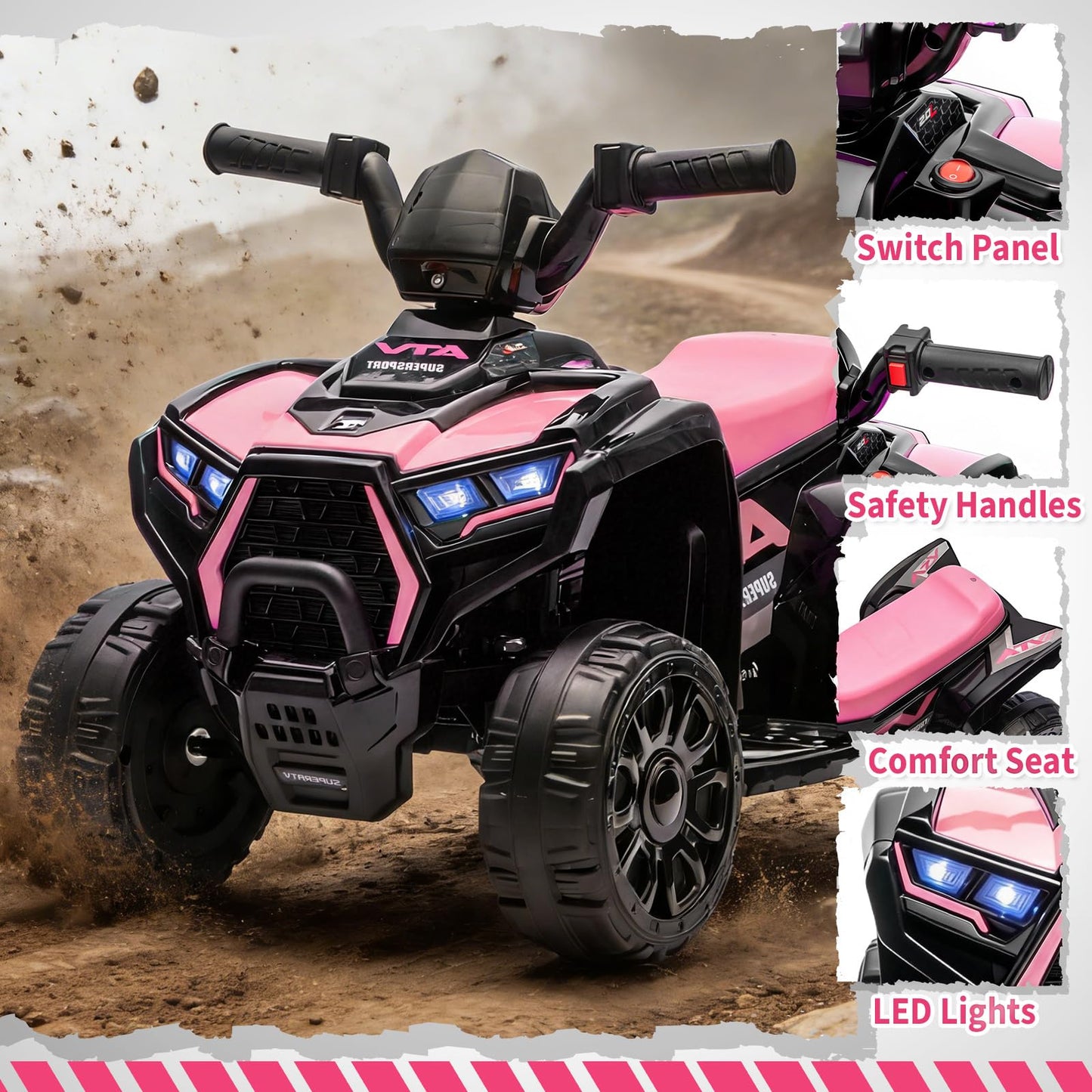 Garvee 6V Battery Powered Kids ATV Car with Lights, Music, 3.5mph Speed, 4-Wheel Electric Toddler Ride-On, All-Terrain Tires, Safe & Fun Outdoor Toy