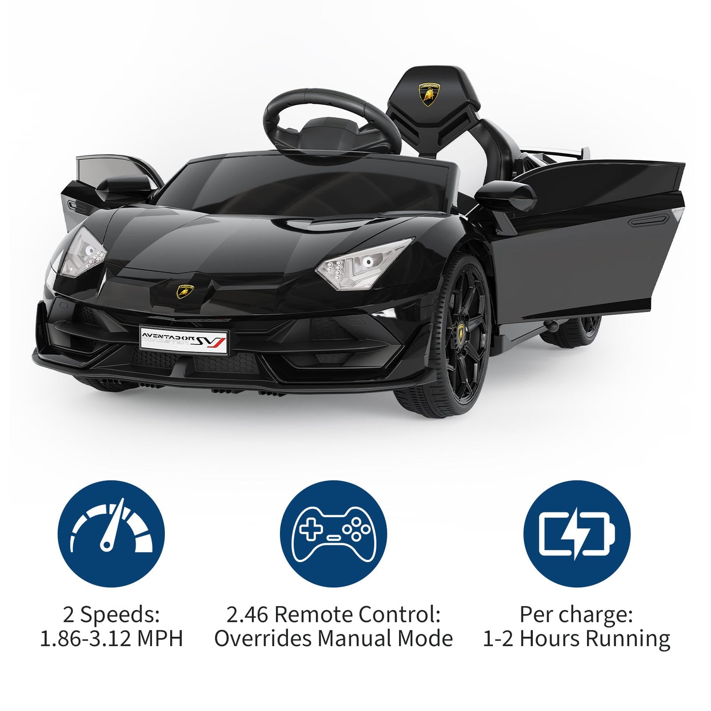 Garvee Licensed Lamborghini 12V Electric Ride-On Car for Kids – Battery Powered Sports Vehicle with Remote Control, 2 Speeds, MP3 Player, LED Headlights, Spring Suspension, Music System – For Ages 3-8 – Black