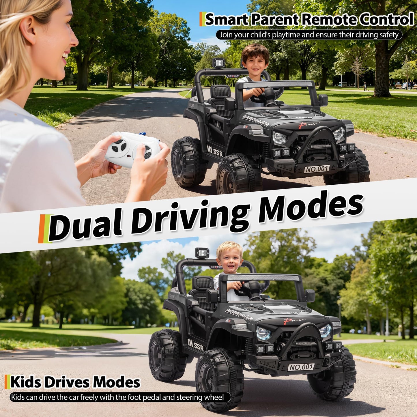 Garvee 12V Kids Ride-On Electric Truck – Parent Remote Control, 3 Speeds up to 4.1MPH, Spring Suspension, LED Lights, wireless Music, Safety Locking Doors, 3-Point Harness, All-Terrain Battery Powered Toy for Ages 3-5 – Black
