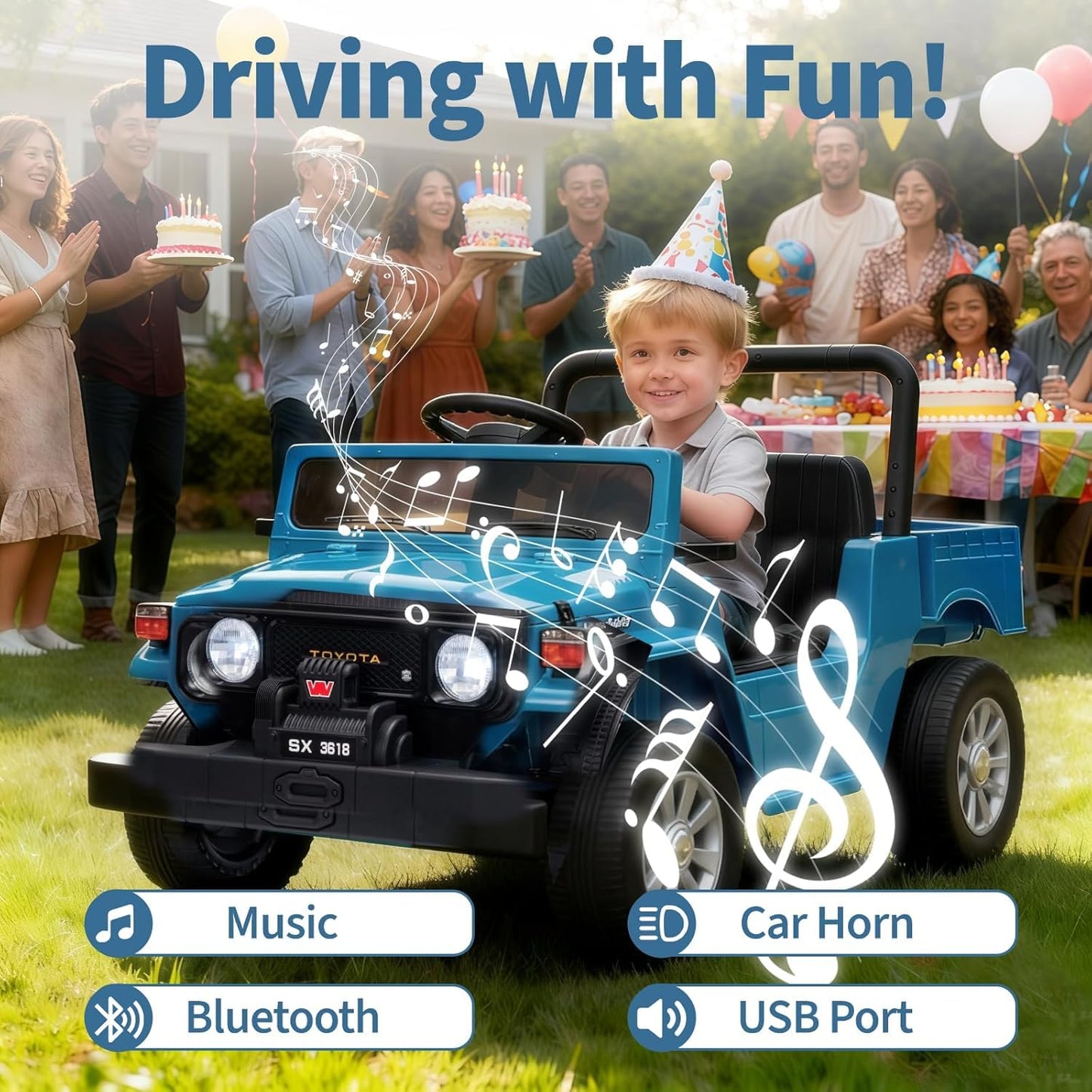 Garvee Licensed Toyota 12V 4WD Kids Ride-On Pickup Truck – Battery Powered Electric Car, Remote Control, wireless Music, LED Lights, Suspension, Soft Braking, Truck Bed Storage – For Toddlers & Big Kids – navy blue