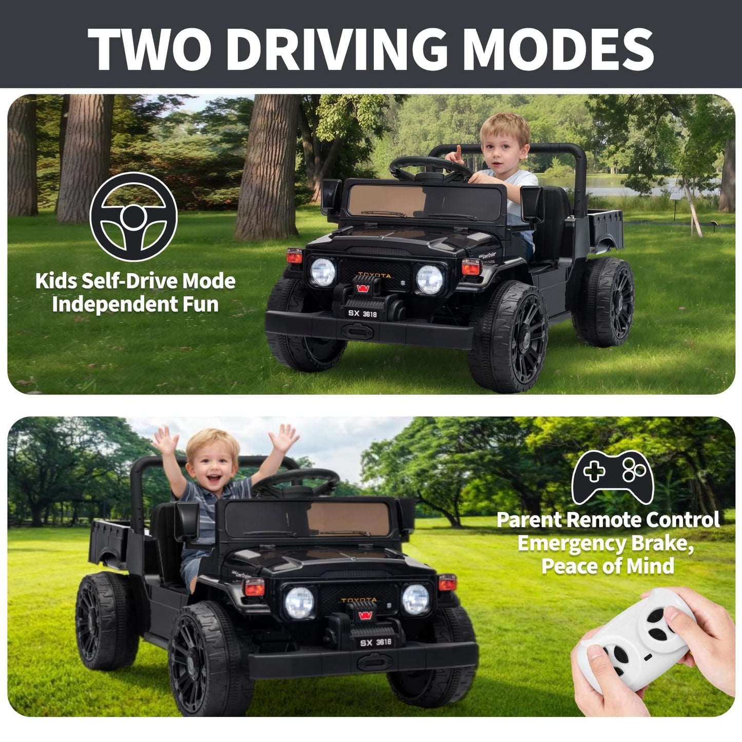 Garvee Licensed Toyota 12V 4WD Kids Electric Ride-On Pickup Truck – Battery Powered, Remote Control, wireless, LED Lights, Suspension, Soft Braking, Truck Bed Storage – For Toddlers & Big Kids – Black