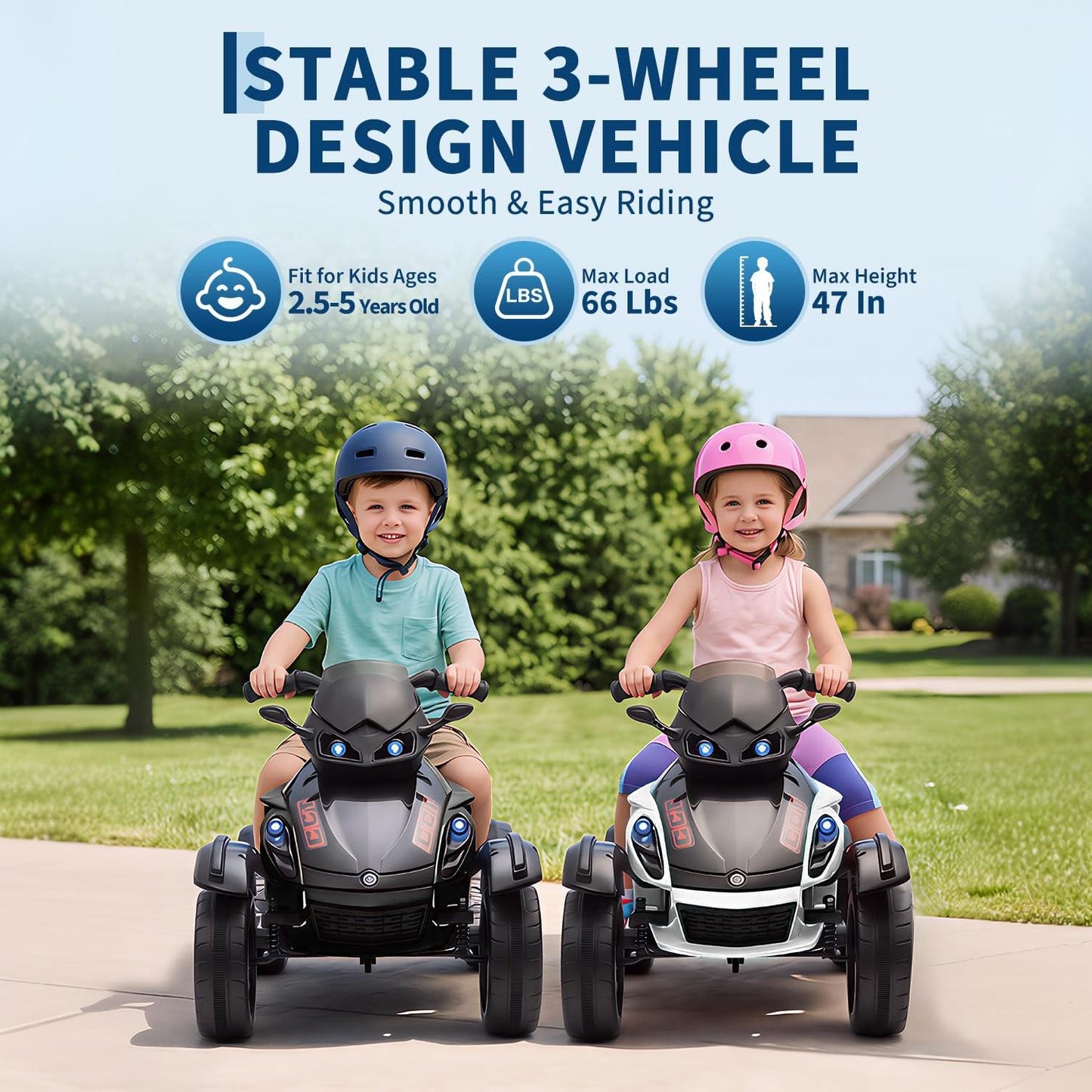 Garvee 12V Dual Motor Kids Electric Ride-On Car & 3-Wheel ATV – 4 MPH, Treaded Tires, LED Lights & Music, 66 lbs Capacity, Outdoor Battery Powered Vehicle for Boys & Girls Ages 3-8 – White