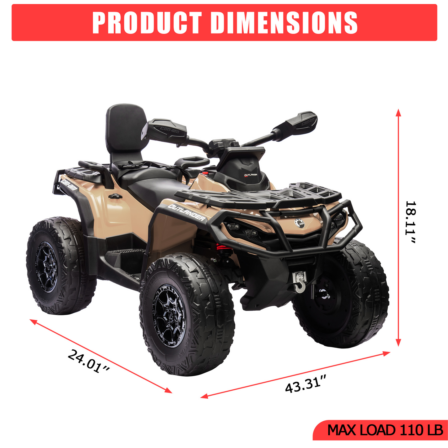 Garvee Ride - P Series: 2 Seater Ride On Car 24V 4WD Electric ATV, Leather Seats, Safety Belt, Bluetooth, Adjustable Speed, Yellow, Outdoor Adventure - Brown