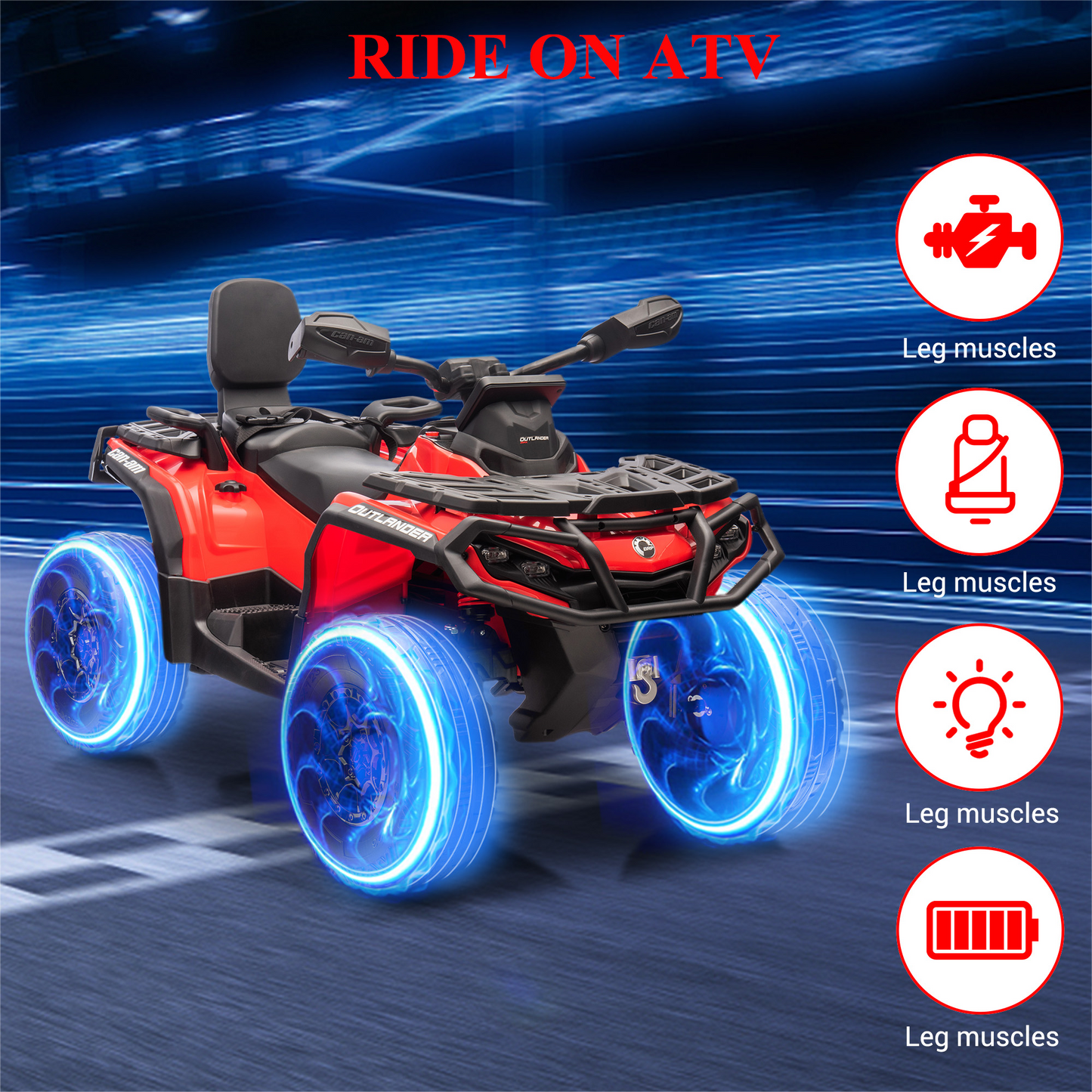 Garvee Ride - P Series: 2 Seater Ride On Car 24V 4WD Electric ATV, Leather Seats, Safety Belt, Bluetooth, Adjustable Speed, Yellow, Outdoor Adventure - Red