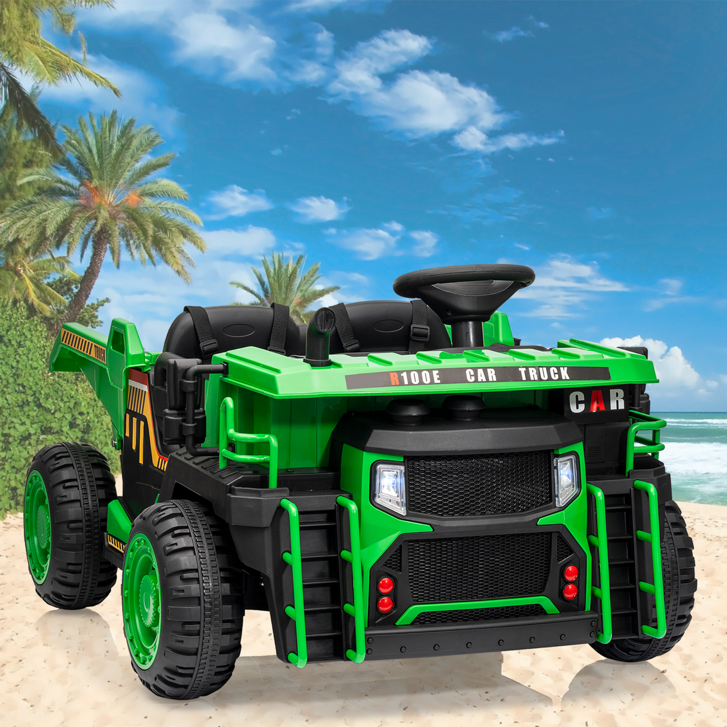 Garvee Ride - P Series: 24V Ride On Dump Truck, 2 Seater Electric Cars for Kids with Remote Control, Dump Bed, Shovel, Music, Led, Wheel Shock Absorption,Ride On Construction Vehicle Four- for Kids 3+,Green
