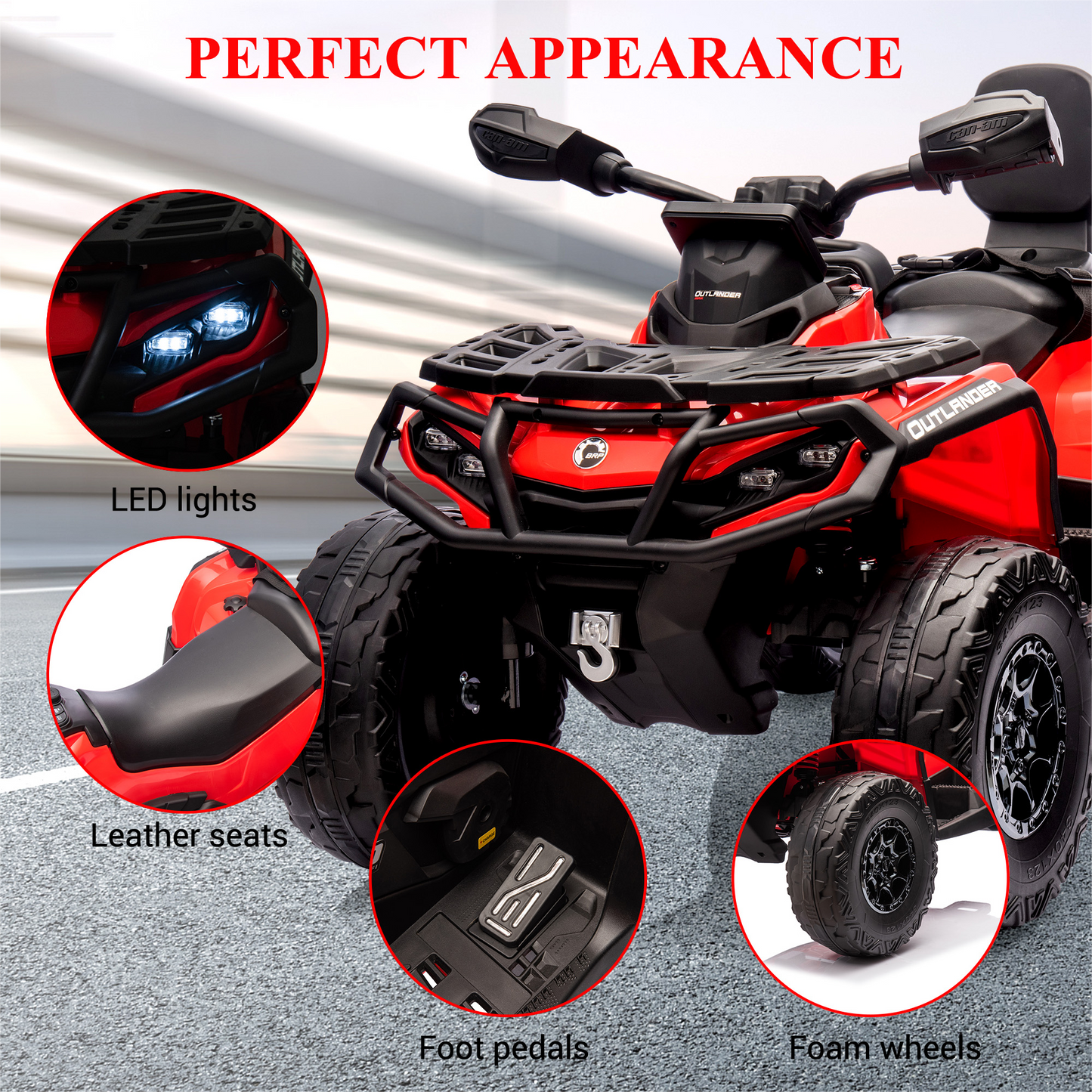Garvee Ride - P Series: 2 Seater Ride On Car 24V 4WD Electric ATV, Leather Seats, Safety Belt, Bluetooth, Adjustable Speed, Yellow, Outdoor Adventure - Red