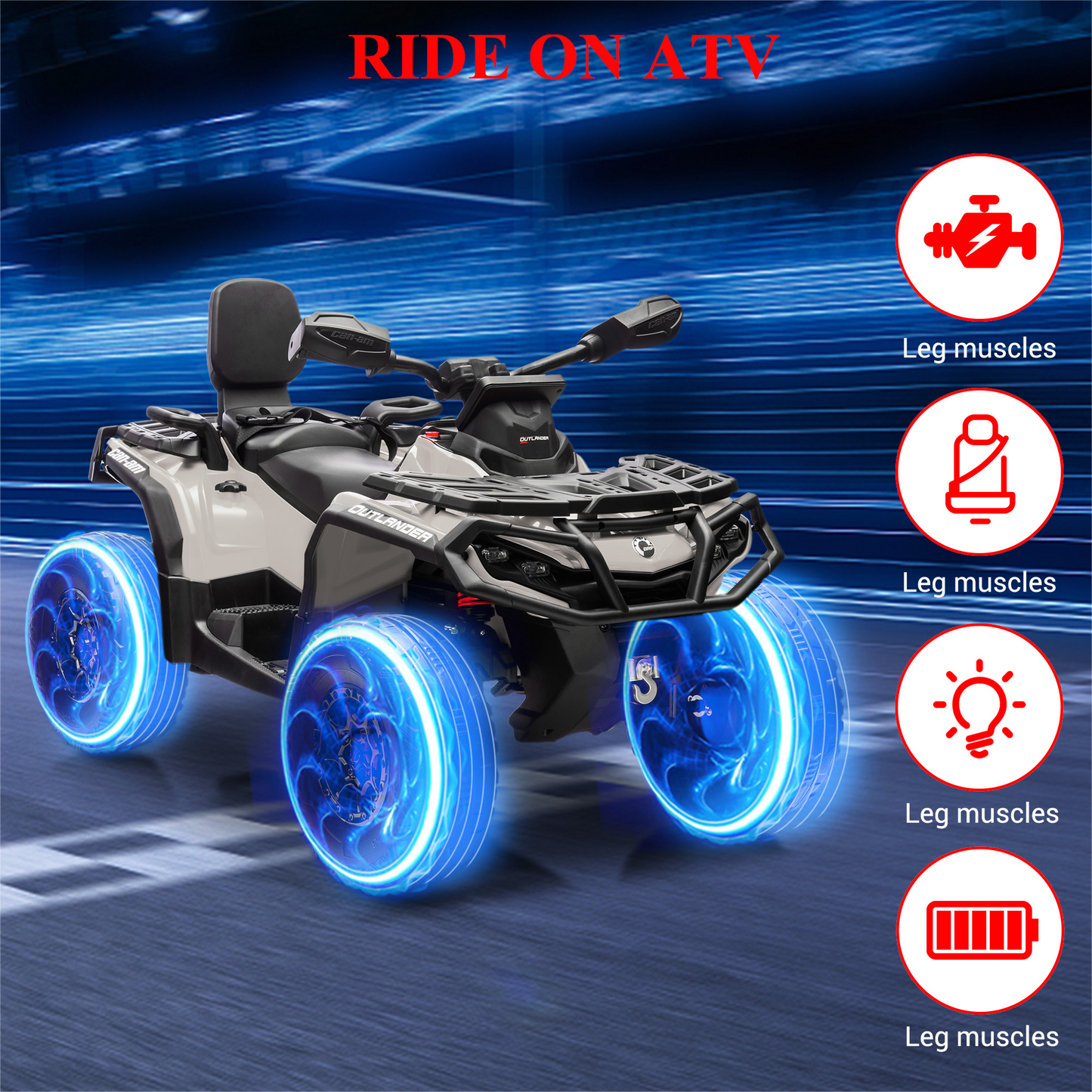 Garvee Ride - P Series: 2 Seater Ride On Car 24V 4WD Electric ATV, Leather Seats, Safety Belt, Bluetooth, Adjustable Speed, Yellow, Outdoor Adventure - Grey