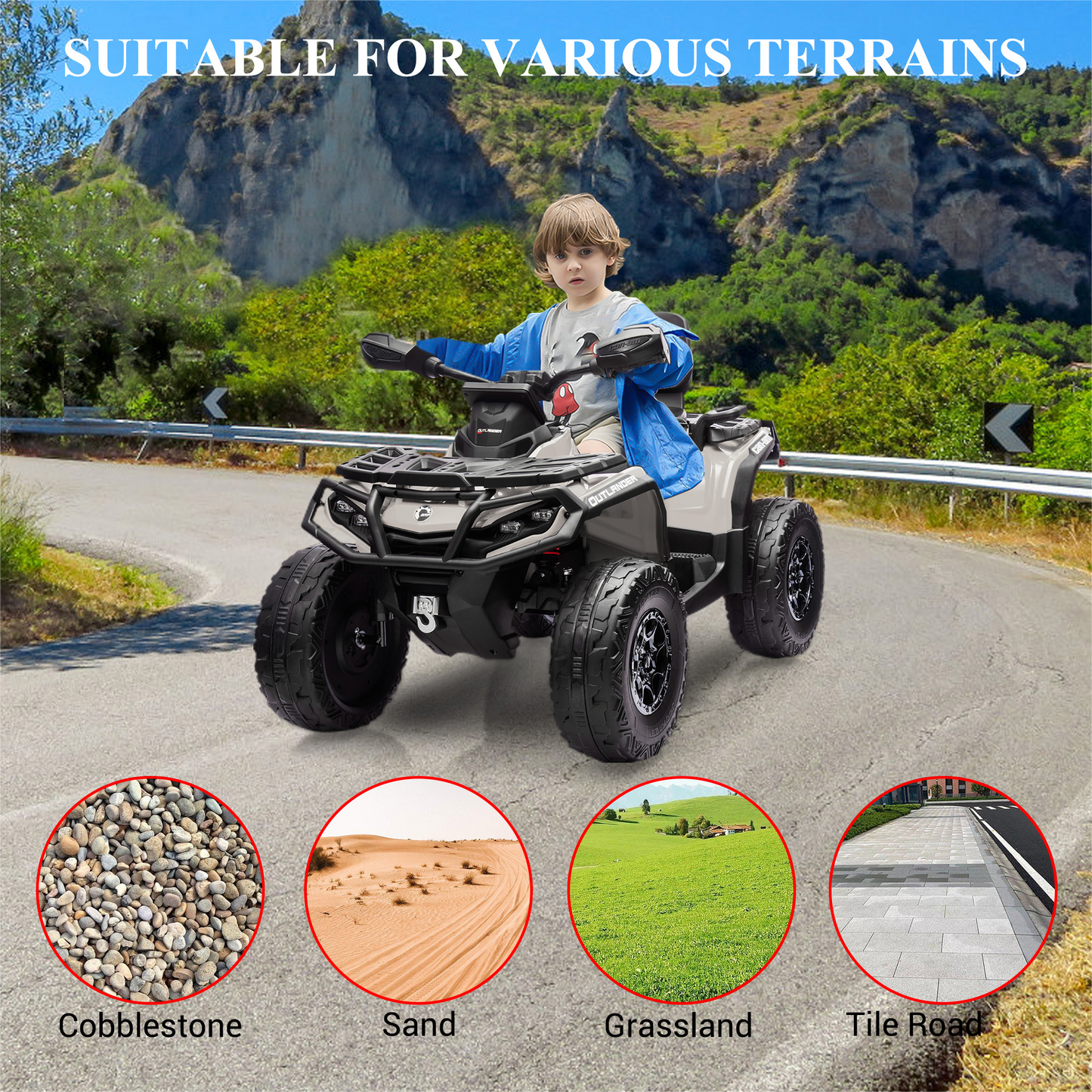 Garvee Ride - P Series: 2 Seater Ride On Car 24V 4WD Electric ATV, Leather Seats, Safety Belt, Bluetooth, Adjustable Speed, Yellow, Outdoor Adventure - Grey