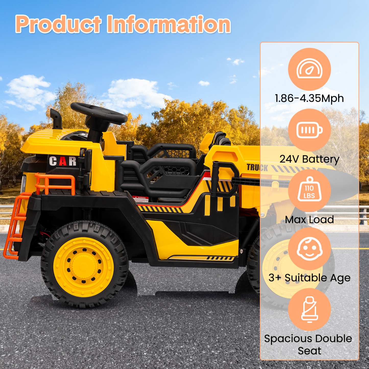 Garvee Ride - P Series: 24V Ride On Dump Truck, 2 Seater Electric Cars for Kids with Remote Control, Dump Bed, Shovel, Music, Led, Wheel Shock Absorption,Ride On Construction Vehicle Four- for Kids 3+,Yellow
