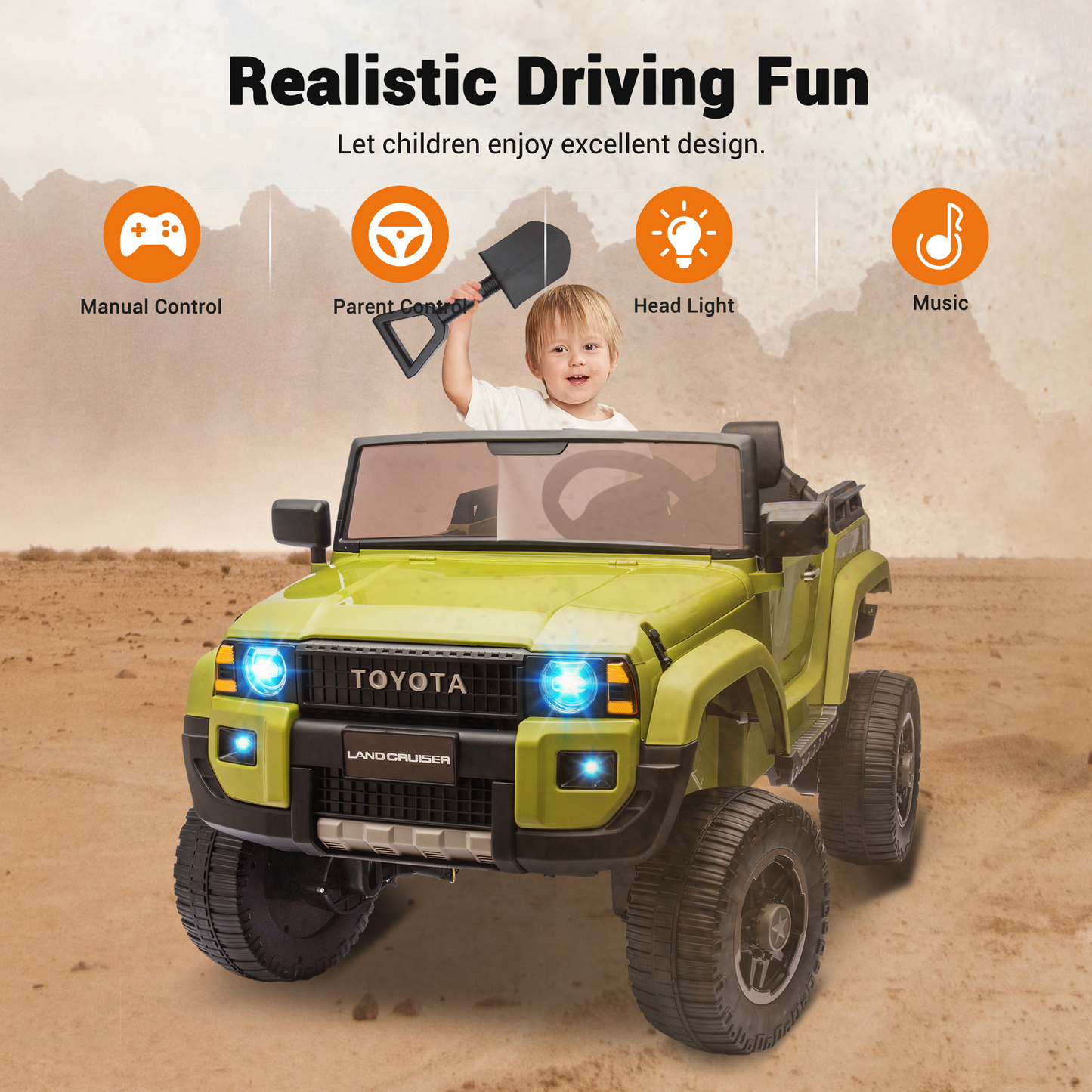Garvee Ride P Series 24V Kids Electric Ride-On Car w/Parent Remote Control, 4WD/2WD Switch, Bluetooth Music, LED Lights & Shovel – 2-Seater Off-Road Toy for Over 3 Years, ASTM/CPSIA Certified