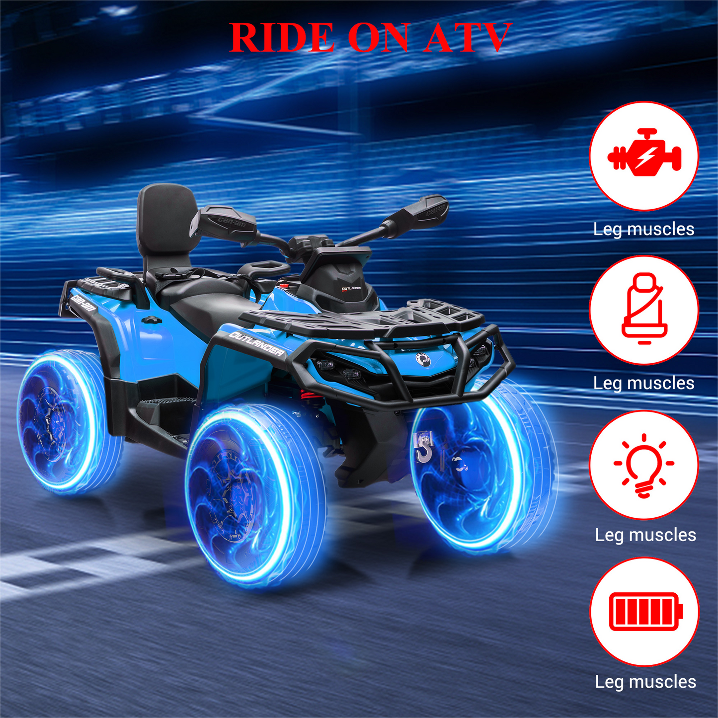 Garvee Ride - P Series: 2 Seater Ride On Car 24V 4WD Electric ATV, Leather Seats, Safety Belt, Bluetooth, Adjustable Speed, Yellow, Outdoor Adventure - Blue