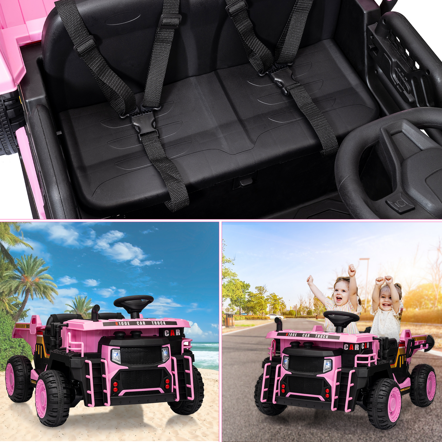 Garvee Ride - P Series: 24V Ride On Dump Truck, 2 Seater Electric Cars for Kids with Remote Control, Dump Bed, Shovel, Music, Led, Wheel Shock Absorption,Ride On Construction Vehicle Four- for Kids 3+,Pink