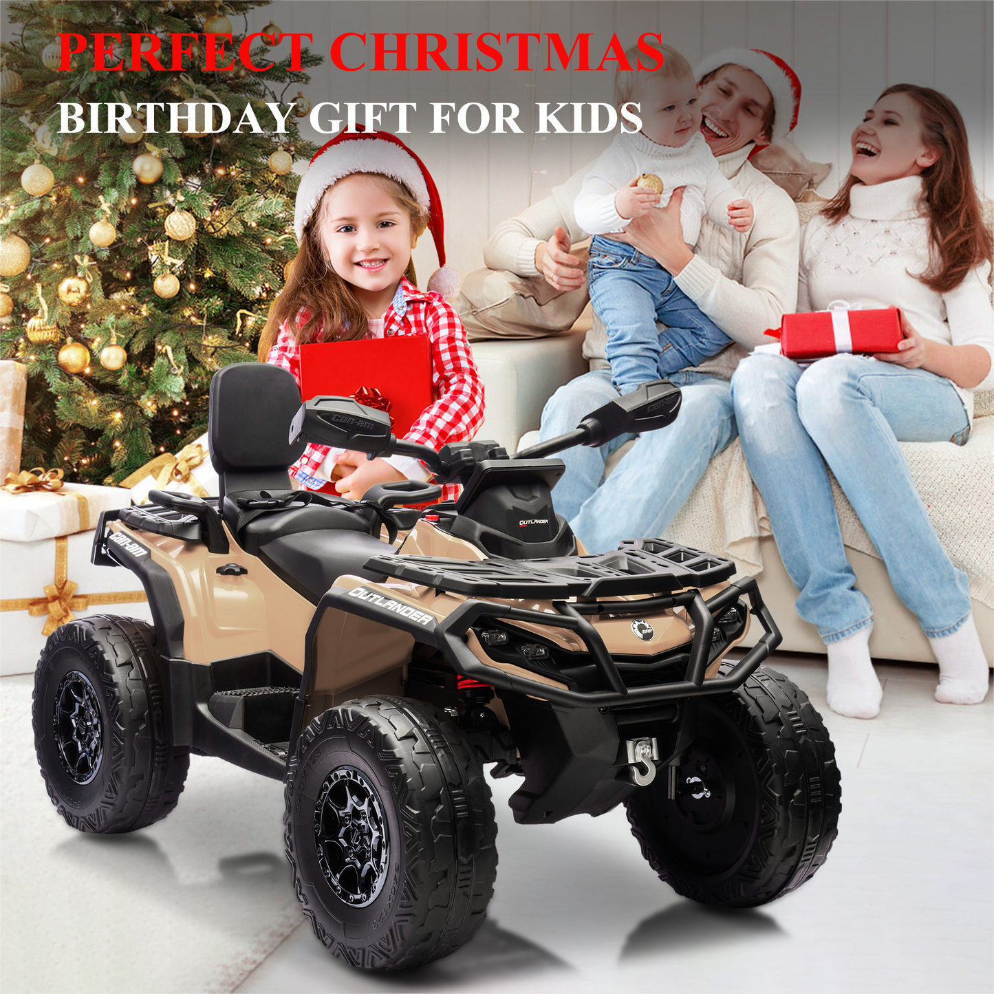 Garvee Ride - P Series: 2 Seater Ride On Car 24V 4WD Electric ATV, Leather Seats, Safety Belt, Bluetooth, Adjustable Speed, Yellow, Outdoor Adventure - Brown