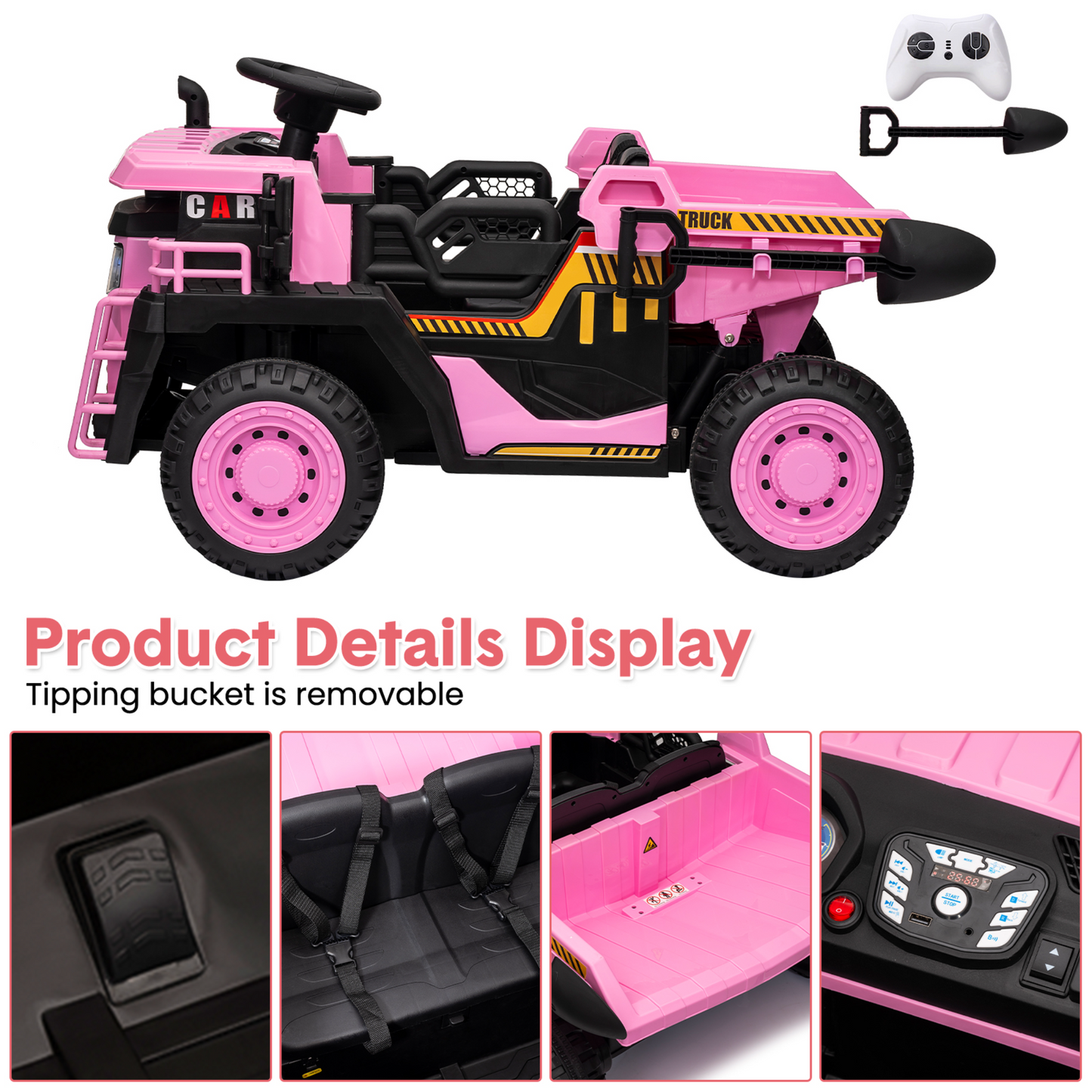 Garvee Ride - P Series: 24V Ride On Dump Truck, 2 Seater Electric Cars for Kids with Remote Control, Dump Bed, Shovel, Music, Led, Wheel Shock Absorption,Ride On Construction Vehicle Four- for Kids 3+,Pink