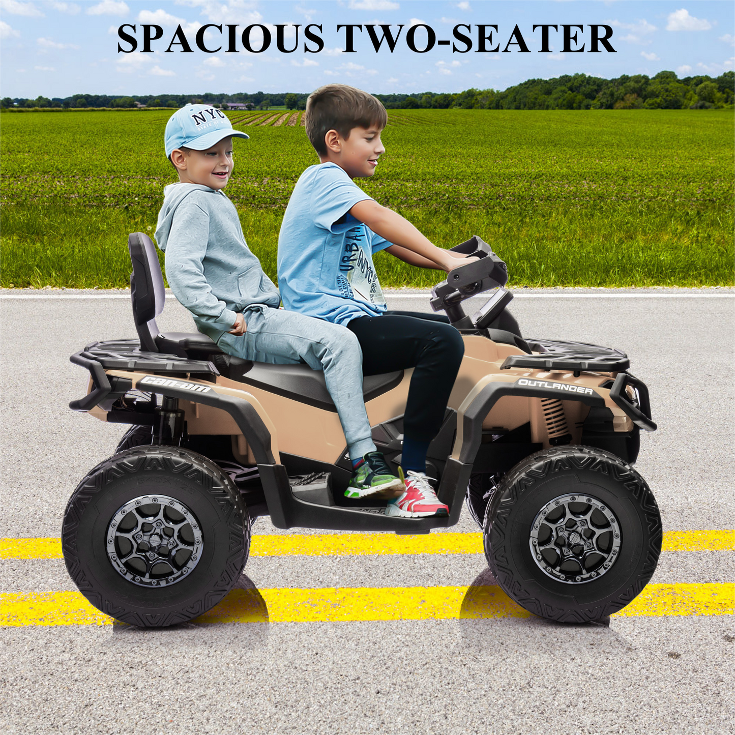 Garvee Ride - P Series: 2 Seater Ride On Car 24V 4WD Electric ATV, Leather Seats, Safety Belt, Bluetooth, Adjustable Speed, Yellow, Outdoor Adventure - Brown