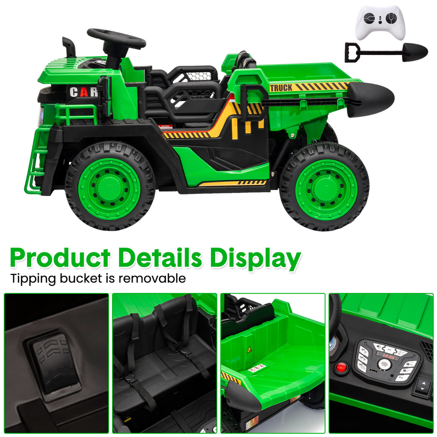 Garvee Ride - P Series: 24V Ride On Dump Truck, 2 Seater Electric Cars for Kids with Remote Control, Dump Bed, Shovel, Music, Led, Wheel Shock Absorption,Ride On Construction Vehicle Four- for Kids 3+,Green