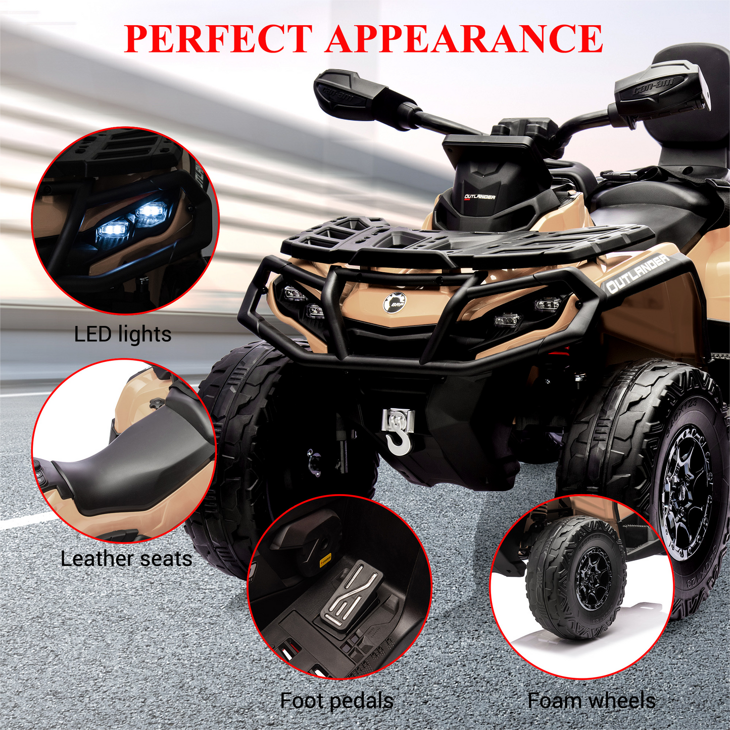 Garvee Ride - P Series: 2 Seater Ride On Car 24V 4WD Electric ATV, Leather Seats, Safety Belt, Bluetooth, Adjustable Speed, Yellow, Outdoor Adventure - Brown