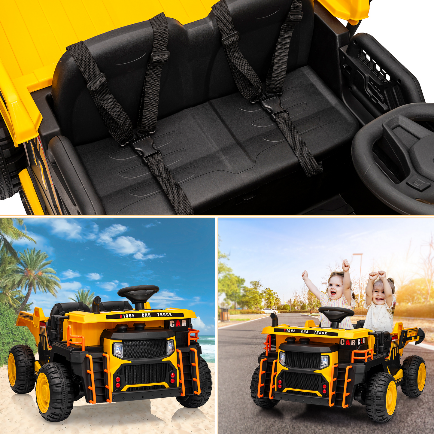 Garvee Ride - P Series: 24V Ride On Dump Truck, 2 Seater Electric Cars for Kids with Remote Control, Dump Bed, Shovel, Music, Led, Wheel Shock Absorption,Ride On Construction Vehicle Four- for Kids 3+,Yellow