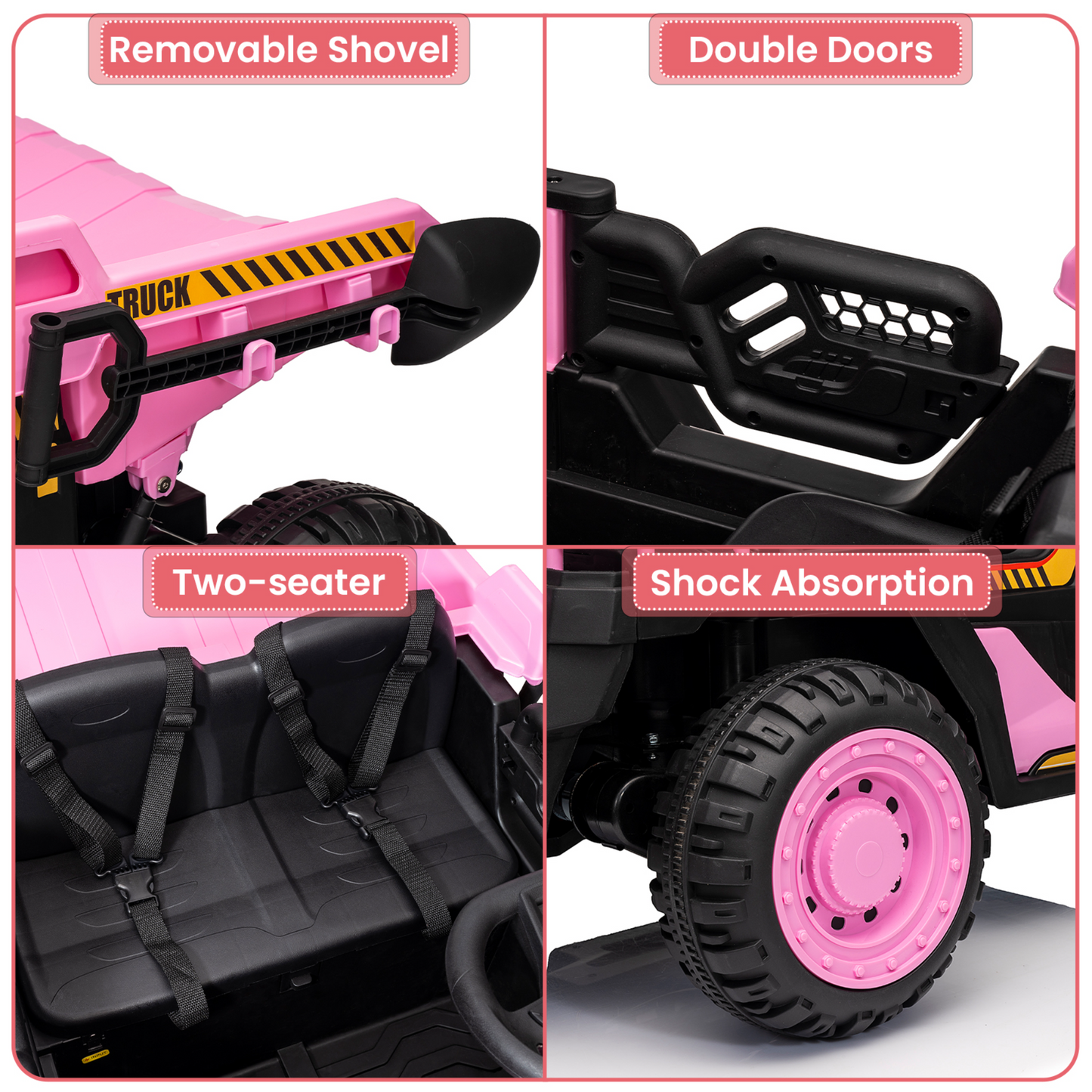 Garvee Ride - P Series: 24V Ride On Dump Truck, 2 Seater Electric Cars for Kids with Remote Control, Dump Bed, Shovel, Music, Led, Wheel Shock Absorption,Ride On Construction Vehicle Four- for Kids 3+,Pink