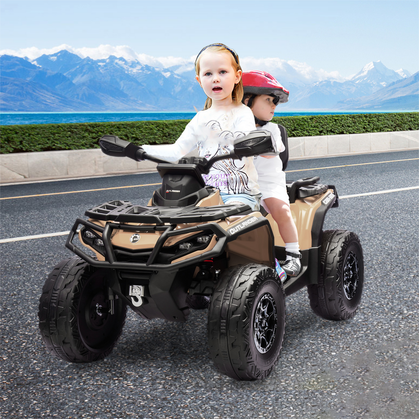 Garvee Ride - P Series: 2 Seater Ride On Car 24V 4WD Electric ATV, Leather Seats, Safety Belt, Bluetooth, Adjustable Speed, Yellow, Outdoor Adventure - Brown