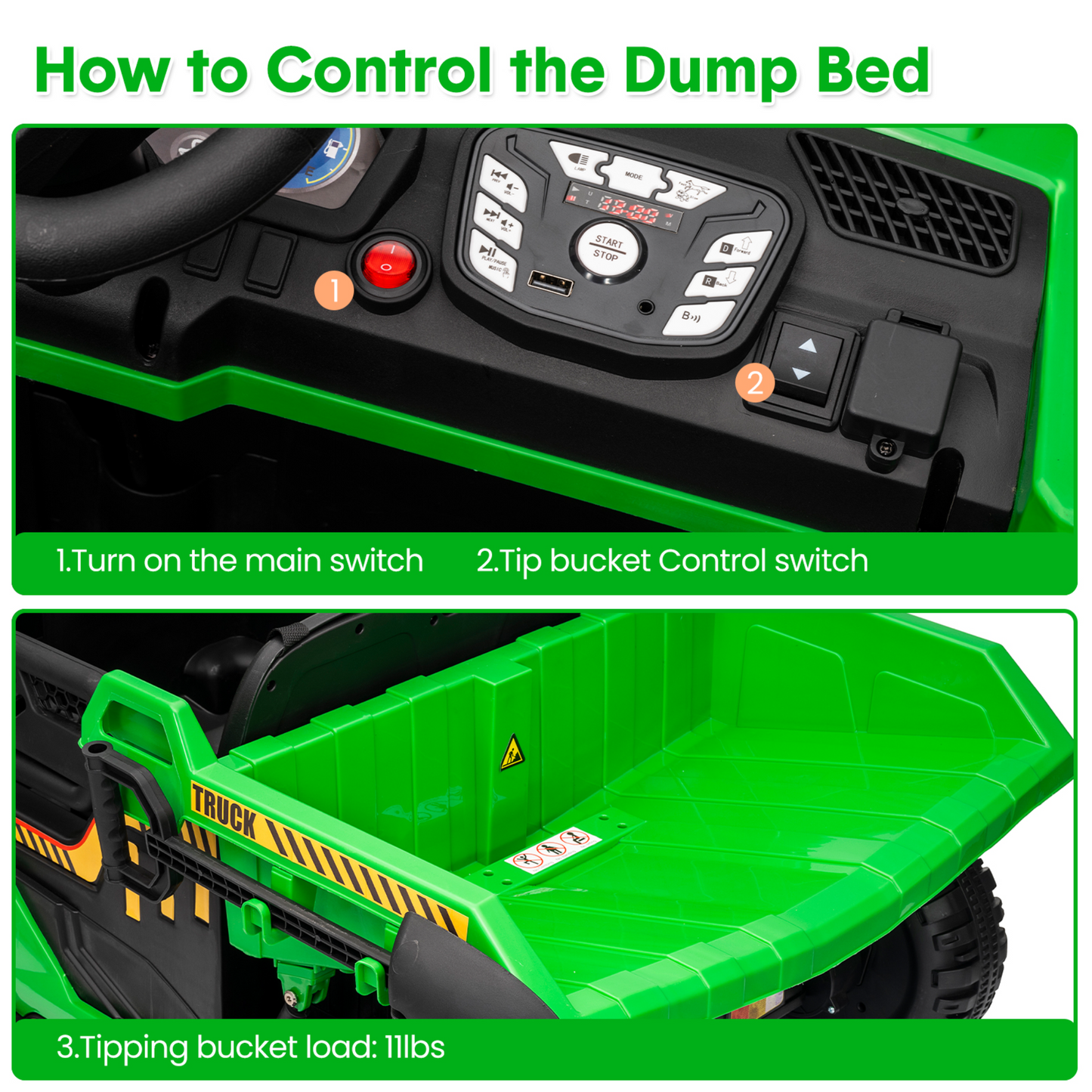 Garvee Ride - P Series: 24V Ride On Dump Truck, 2 Seater Electric Cars for Kids with Remote Control, Dump Bed, Shovel, Music, Led, Wheel Shock Absorption,Ride On Construction Vehicle Four- for Kids 3+,Green
