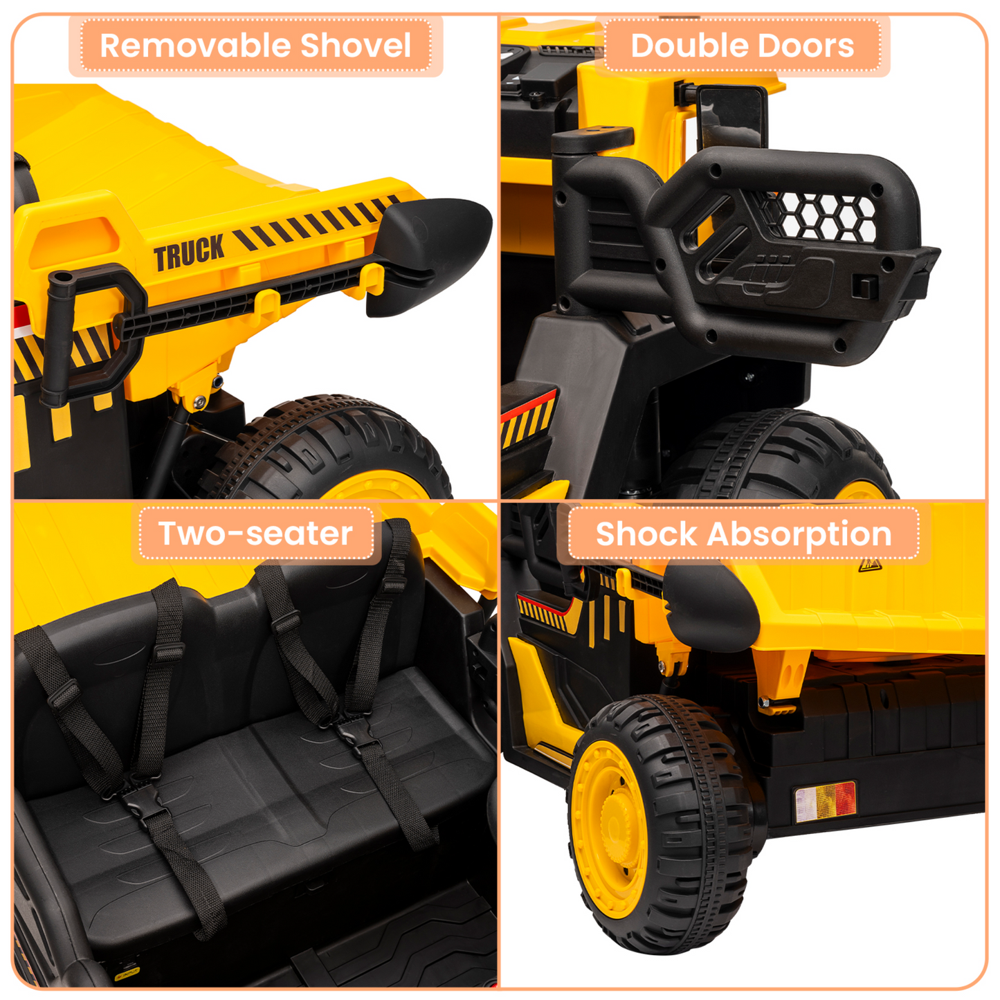 Garvee Ride - P Series: 24V Ride On Dump Truck, 2 Seater Electric Cars for Kids with Remote Control, Dump Bed, Shovel, Music, Led, Wheel Shock Absorption,Ride On Construction Vehicle Four- for Kids 3+,Yellow