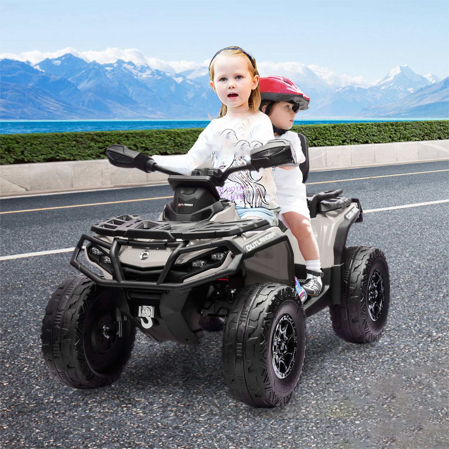 Garvee Ride - P Series: 2 Seater Ride On Car 24V 4WD Electric ATV, Leather Seats, Safety Belt, Bluetooth, Adjustable Speed, Yellow, Outdoor Adventure - Grey