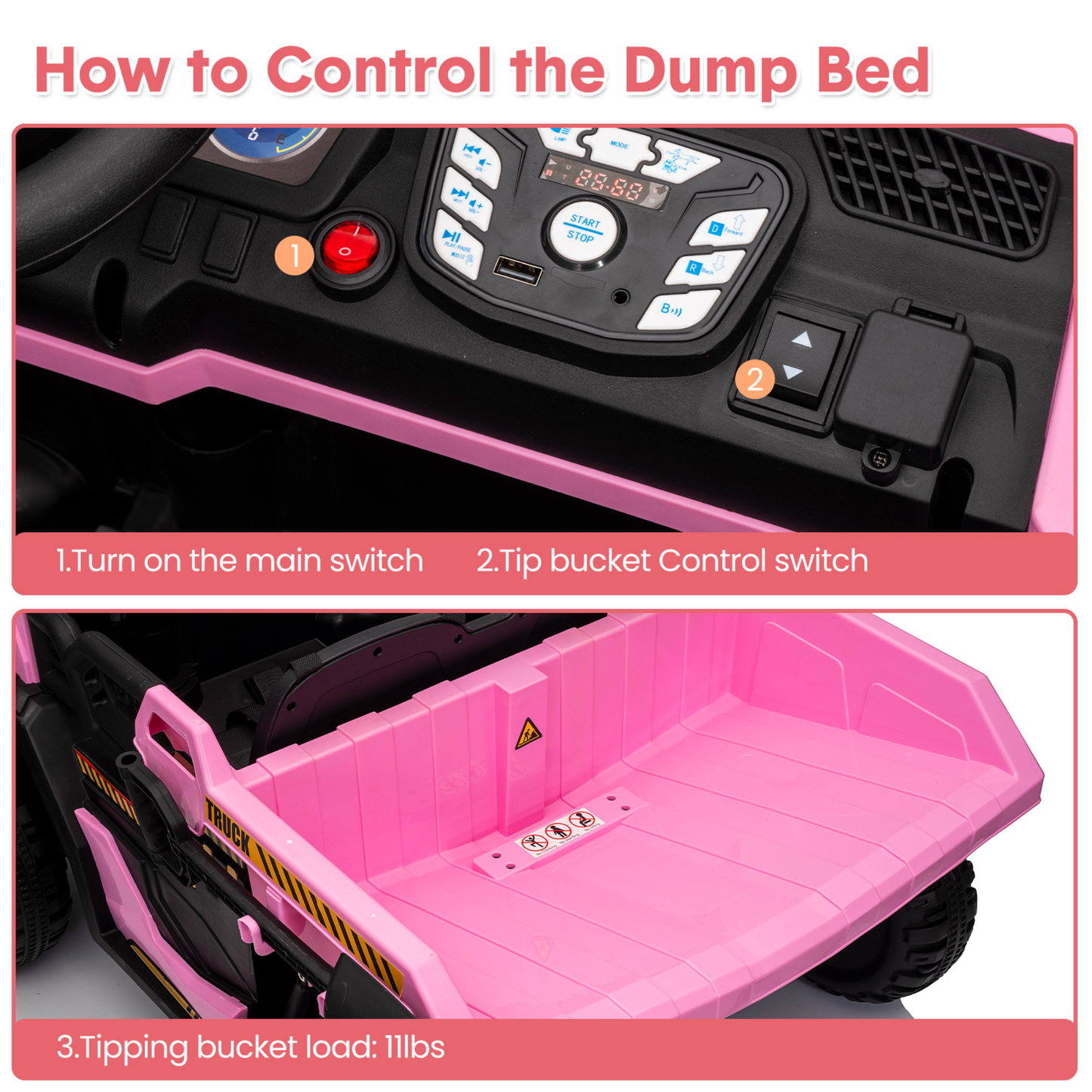 Garvee Ride - P Series: 24V Ride On Dump Truck, 2 Seater Electric Cars for Kids with Remote Control, Dump Bed, Shovel, Music, Led, Wheel Shock Absorption,Ride On Construction Vehicle Four- for Kids 3+,Pink