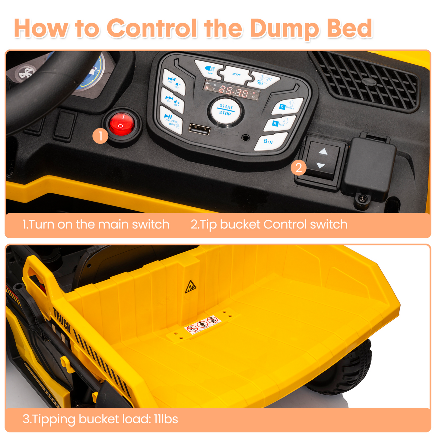 Garvee Ride - P Series: 24V Ride On Dump Truck, 2 Seater Electric Cars for Kids with Remote Control, Dump Bed, Shovel, Music, Led, Wheel Shock Absorption,Ride On Construction Vehicle Four- for Kids 3+,Yellow