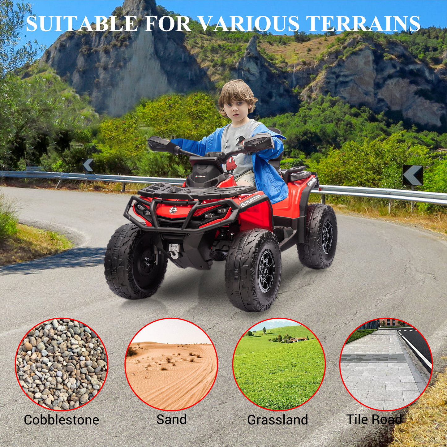 Garvee Ride - P Series: 2 Seater Ride On Car 24V 4WD Electric ATV, Leather Seats, Safety Belt, Bluetooth, Adjustable Speed, Yellow, Outdoor Adventure - Red