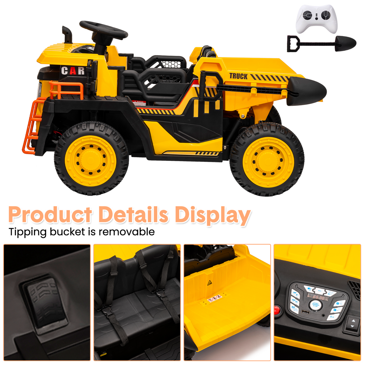 Garvee Ride - P Series: 24V Ride On Dump Truck, 2 Seater Electric Cars for Kids with Remote Control, Dump Bed, Shovel, Music, Led, Wheel Shock Absorption,Ride On Construction Vehicle Four- for Kids 3+,Yellow