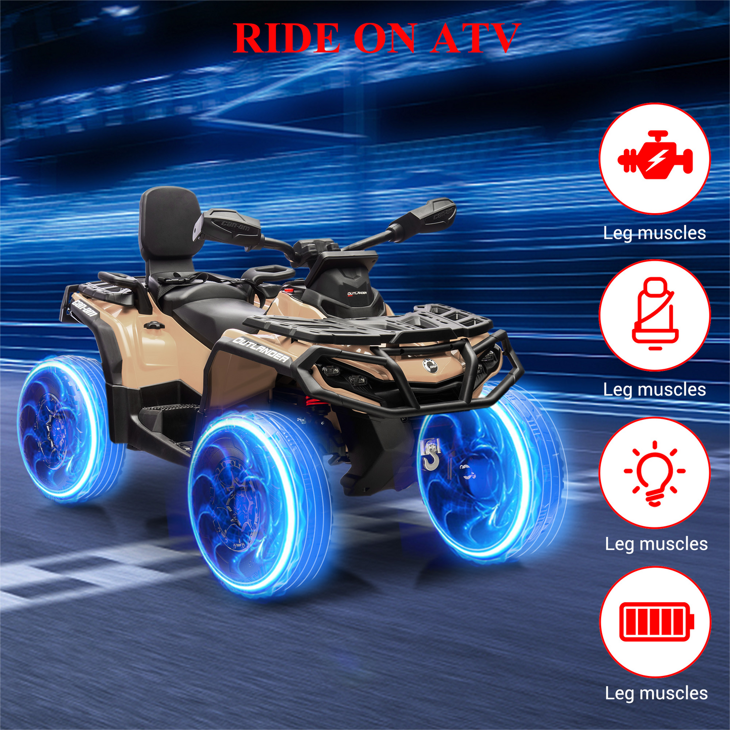 Garvee Ride - P Series: 2 Seater Ride On Car 24V 4WD Electric ATV, Leather Seats, Safety Belt, Bluetooth, Adjustable Speed, Yellow, Outdoor Adventure - Brown
