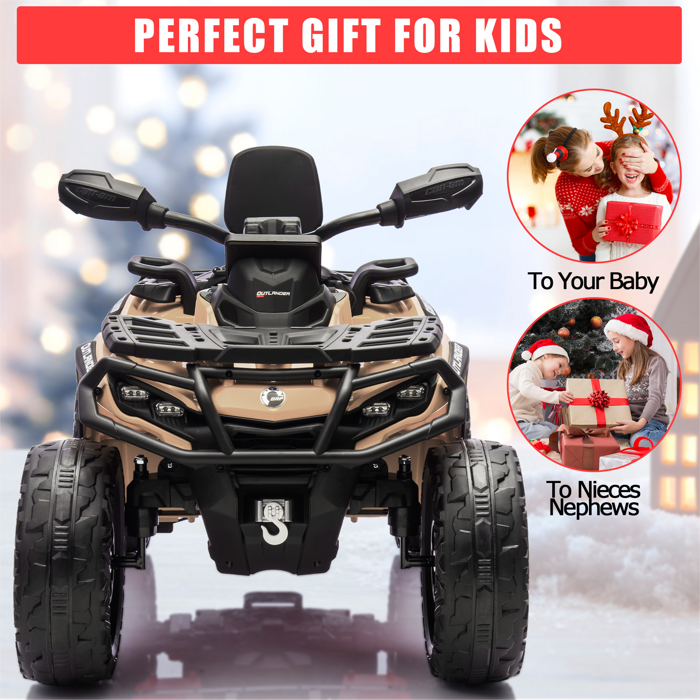 Garvee Ride - P Series: 2 Seater Ride On Car 24V 4WD Electric ATV, Leather Seats, Safety Belt, Bluetooth, Adjustable Speed, Yellow, Outdoor Adventure - Brown