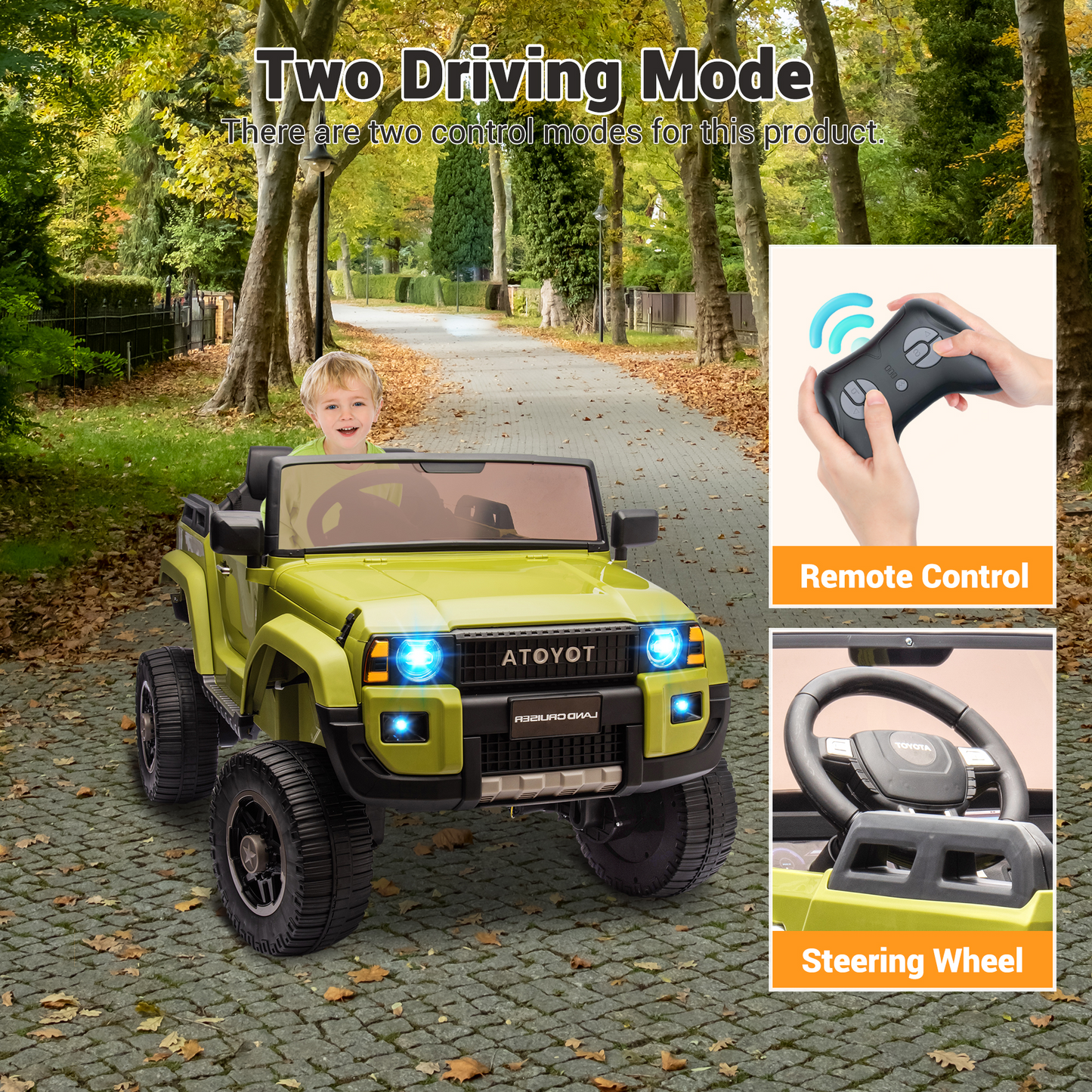 Garvee Ride P Series 24V Kids Electric Ride-On Car w/Parent Remote Control, 4WD/2WD Switch, Bluetooth Music, LED Lights & Shovel – 2-Seater Off-Road Toy for Over 3 Years, ASTM/CPSIA Certified