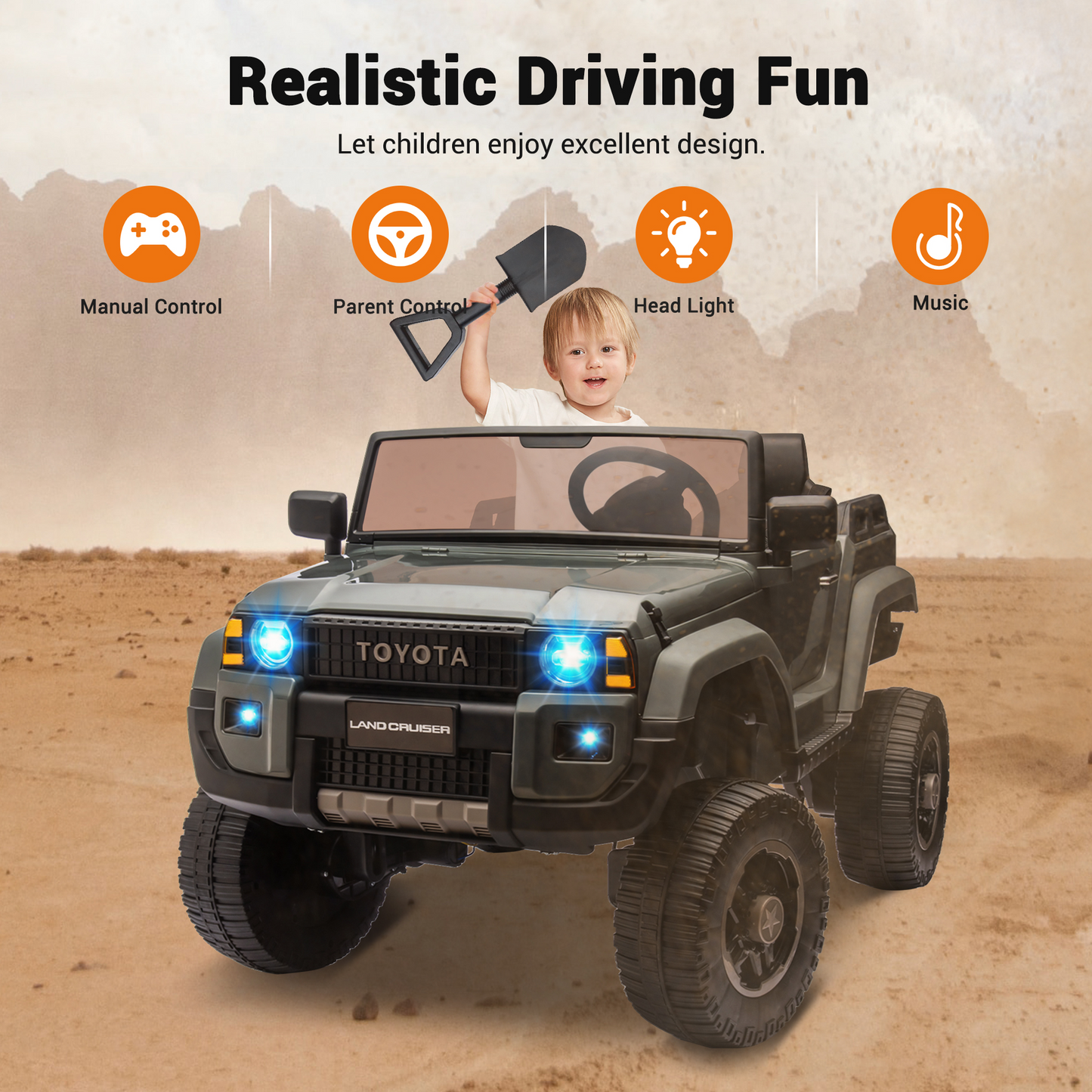 Garvee Ride P Series 24V Kids Electric Ride-On Car w/Parent Remote Control, 4WD/2WD Switch, Bluetooth Music, LED Lights & Shovel – 2-Seater Off-Road Toy for Over 3 Years, ASTM/CPSIA Certified